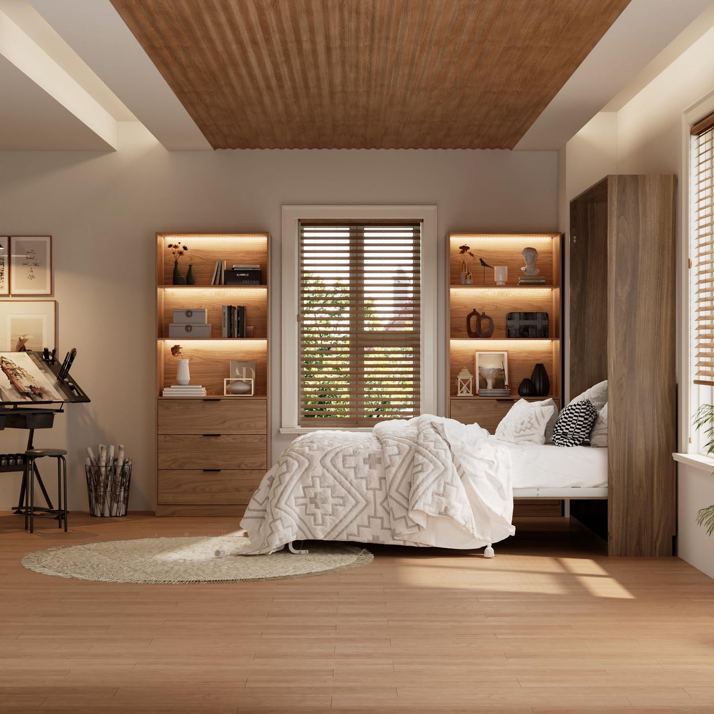 Jiaoun Queen Murphy Bed,Farmhouse Guest Beds,Folding Wall Bed with Hydraulic Bar,64" W Twin Murphy Beds with 2 LED Storage Cabinet for Small Spaces/Offices/Apartments/Guest Room,Brown+Walnut
