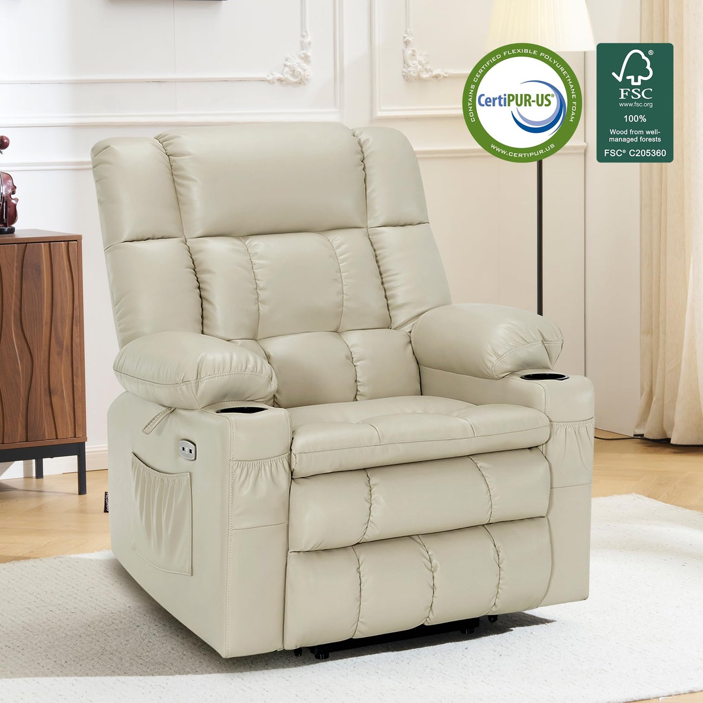 MCombo Dual Motor Power Lift Recliner Chair for Elderly, Lay Flat Lift Chair with Heat and Massage, Cup Holders, USB Ports, Faux Leather 7890 (Cream White, Medium)