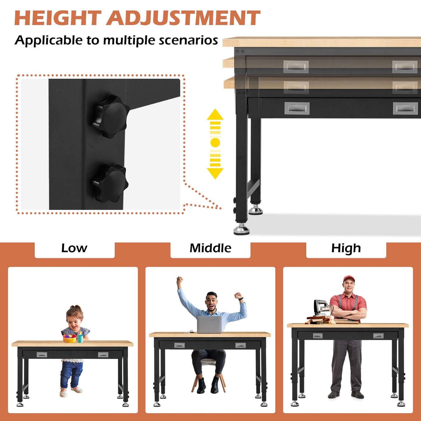 Antifir 48” Adjustable Workbench with Drawer Storage, 2000 LBS Load Capacity Heavy Duty Workstation with Power Outlets, Rubber Wood Top Worktable for Garage, Office,Workshop, Commercial