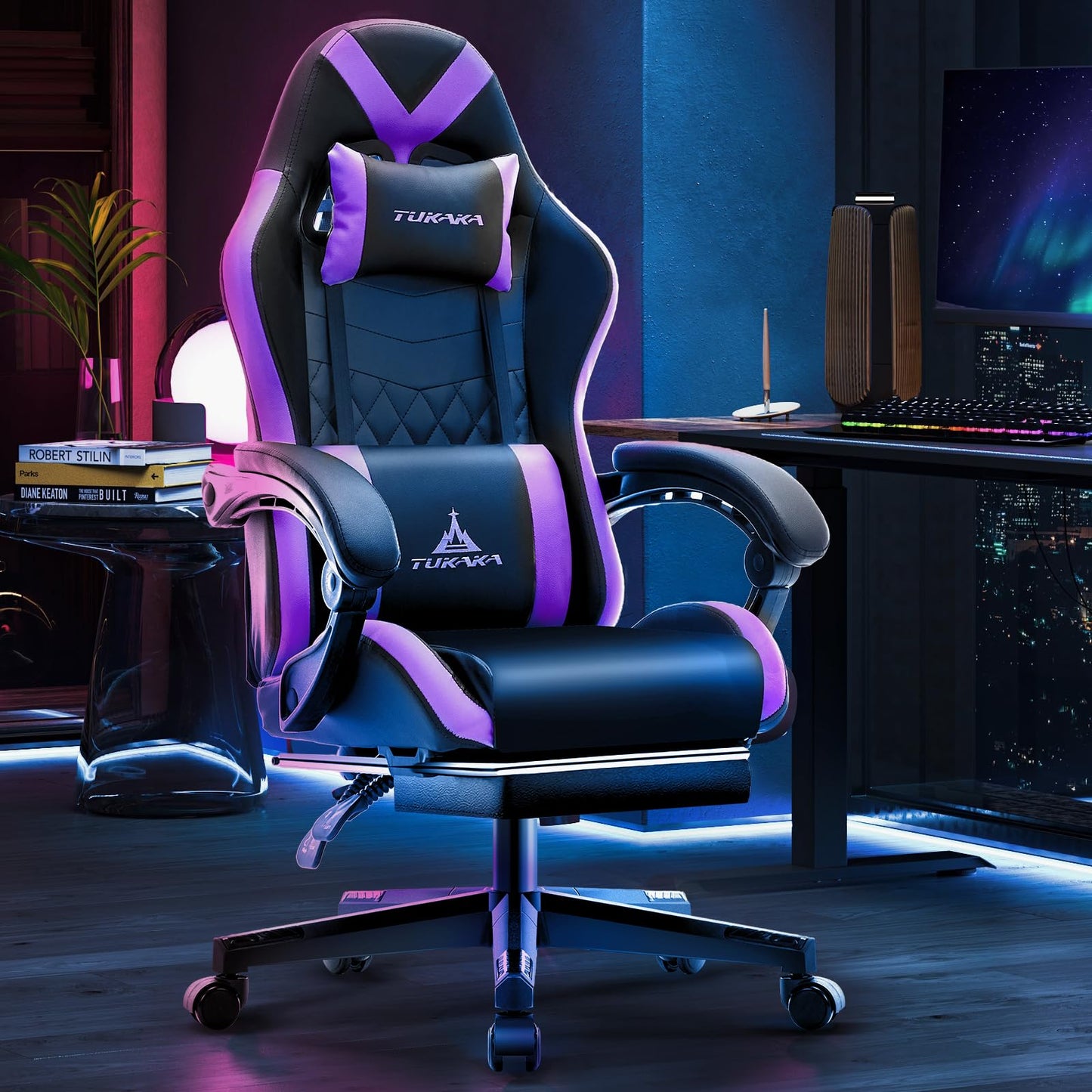 TUKAKA Gaming Chair,Ergonomic Massage Computer Office Desk Chair with Footrest,Pocket Spring Cushion,Reclining Leather Adjustable Gamer Chair with Headrest and Lumbar Support,Purple
