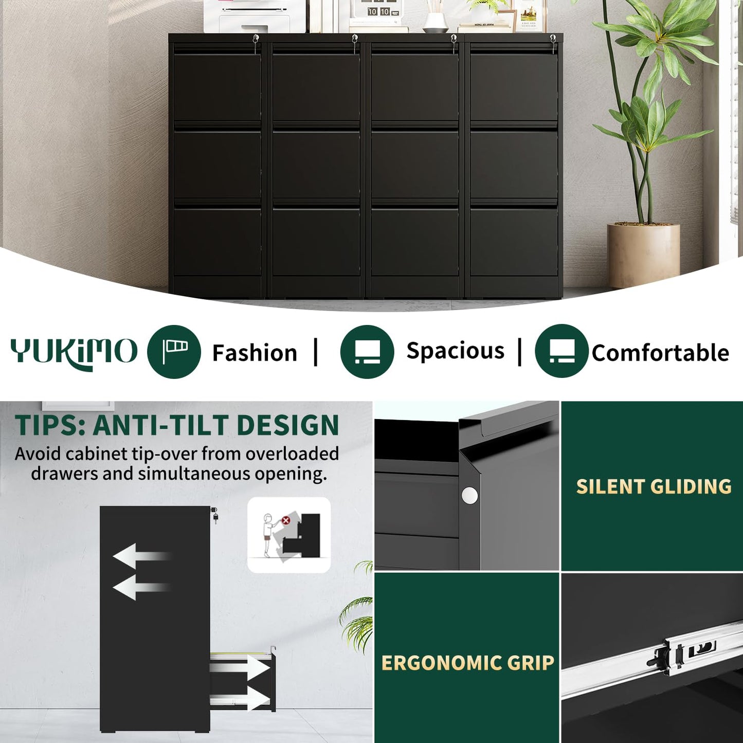 3 Drawer File Cabinet with Lock, Metal Vertical File Cabinets for Home Office, Office Furniture for Organization Hanging Legal/Letter/A4, Office File Cabinet Storage Cabinet, Require Assembly, Black