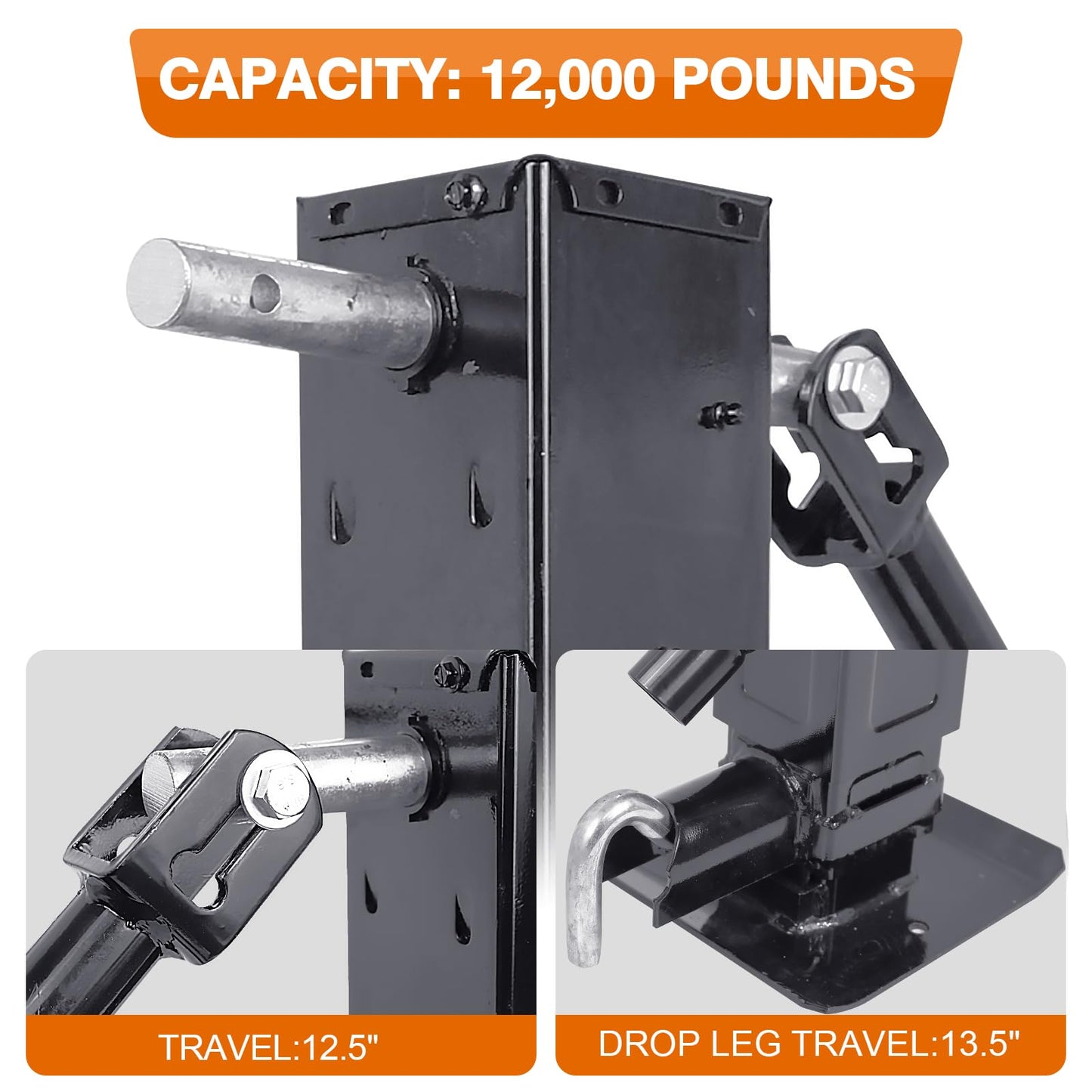 12000 lbs Weld-On Square Tube Trailer Jack Heavy Duty Side Wind 26" Travel