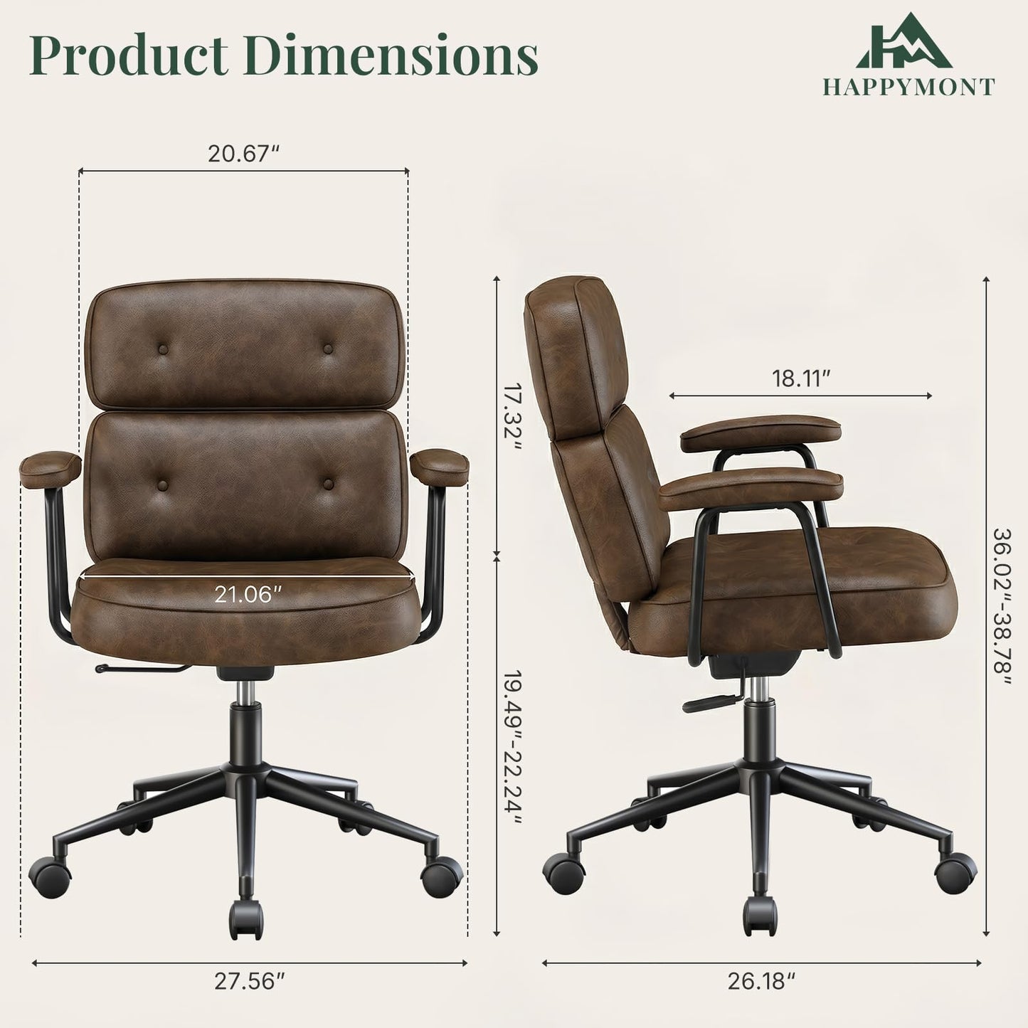 HAPPYMONT Ergonomic High Back Leather Office Chair, Executive Computer Desk Chair with Lumbar Support & Padded Arms, Adjustable Height 360° Rolling Swivel Task Chair for Home Office, Brown