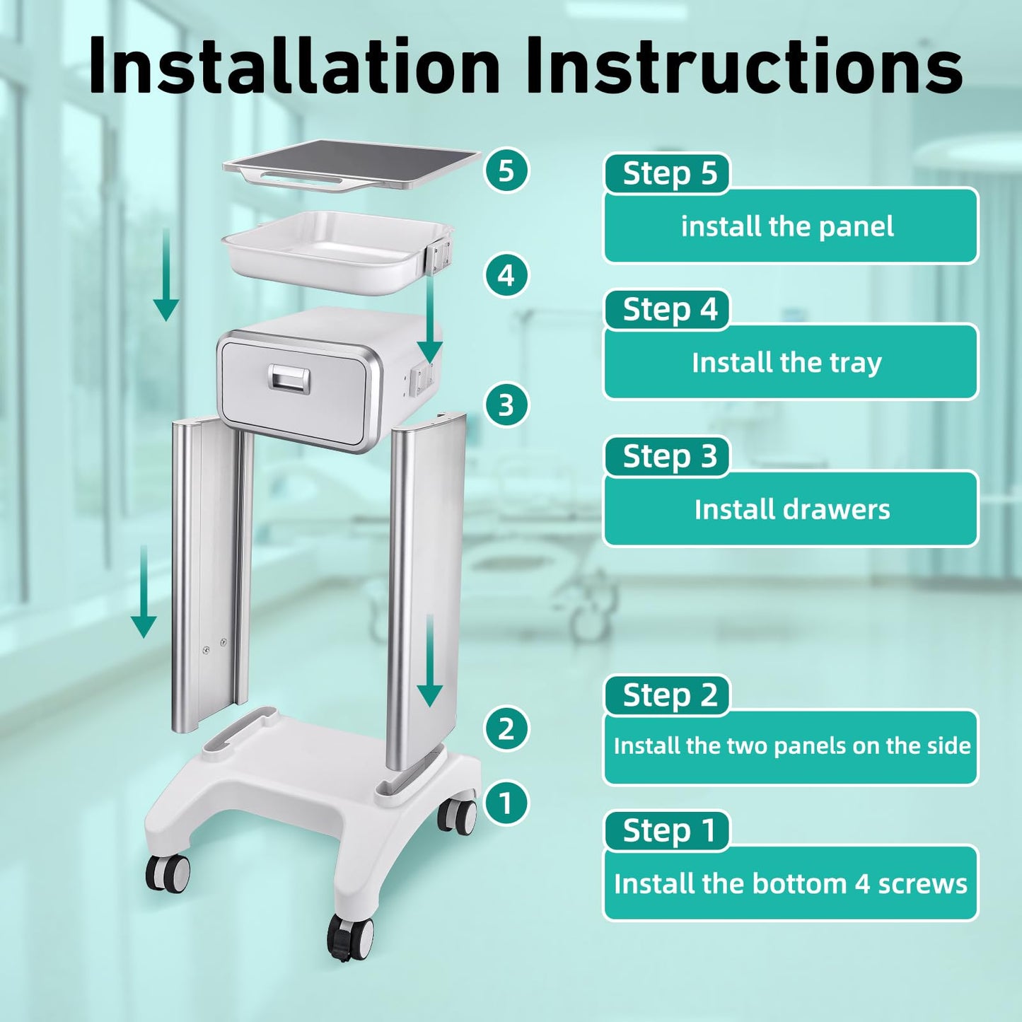 Professional Mobile Medical Trolley with Wheels and Drawers for Home Bedroom Salon Lab Hospital Dental Office Clinic