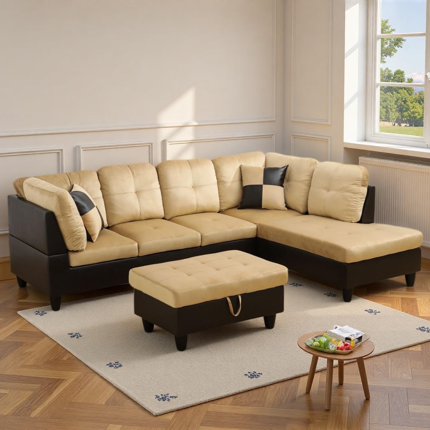 NicBex Sectional Couch 3 Pieces Sofa Set, L-Shaped Modular Couches for Living Room, Furniture Sets with Lounge Chaise & Storage Ottoman, Multi-Scene Use for Apartment & Office, Black+White