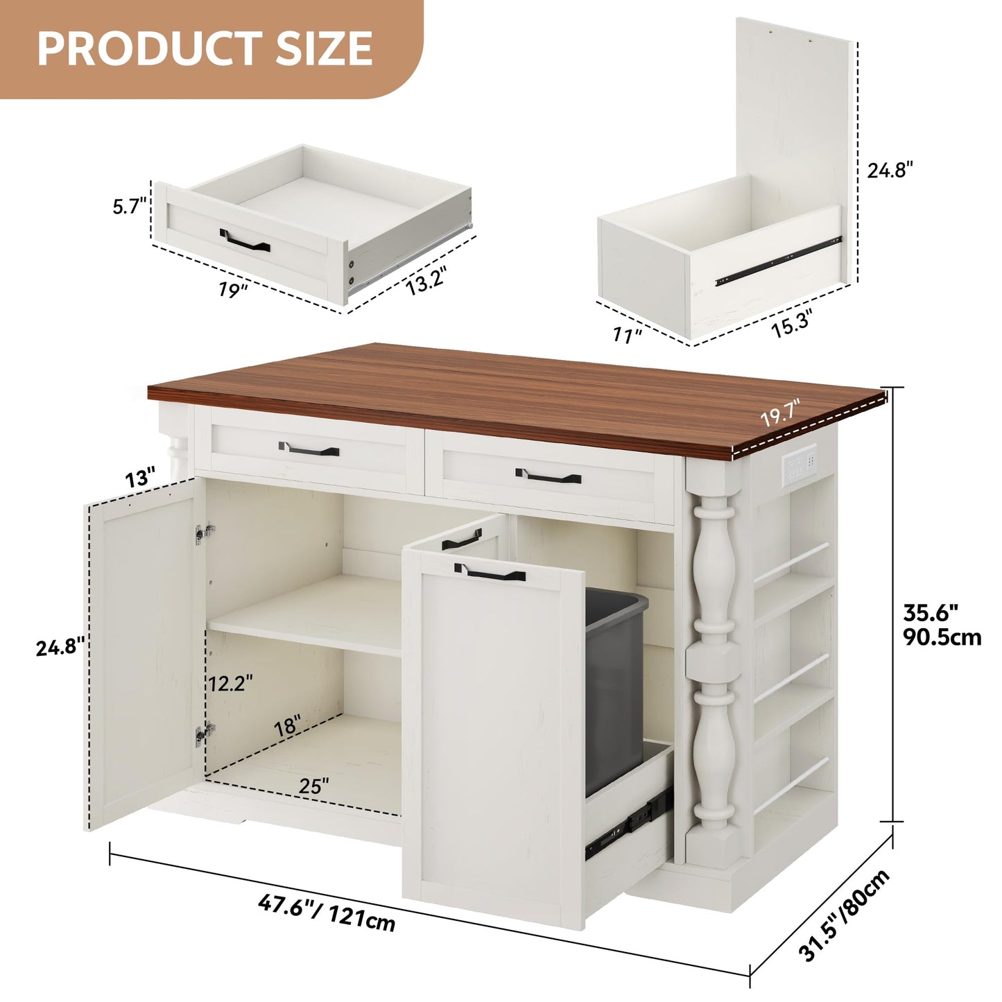 Homiflex Kitchen Island with Power Outlet & Trash Cabinet, 47.6" Roman Style Rolling Kitchen Island with Drop Leaf Tabletop 11.8", Kitchen Cart with Spice Rack & Drawers & Cabinets Coffee Bar Station