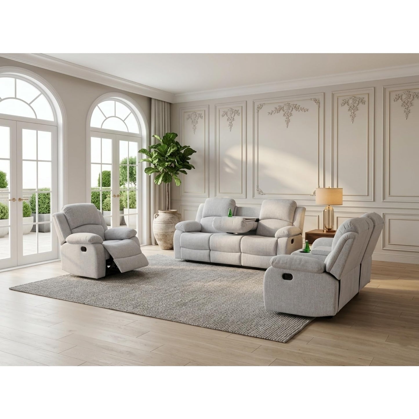 Trygoal Manual Recliner Sofa Set, Linen Reclining Couch with Storage Console, Cup Holders and Convertible Coffee Table, Adjustable Backrest Recliner Couch for Home Theater, Apartment, White Grey