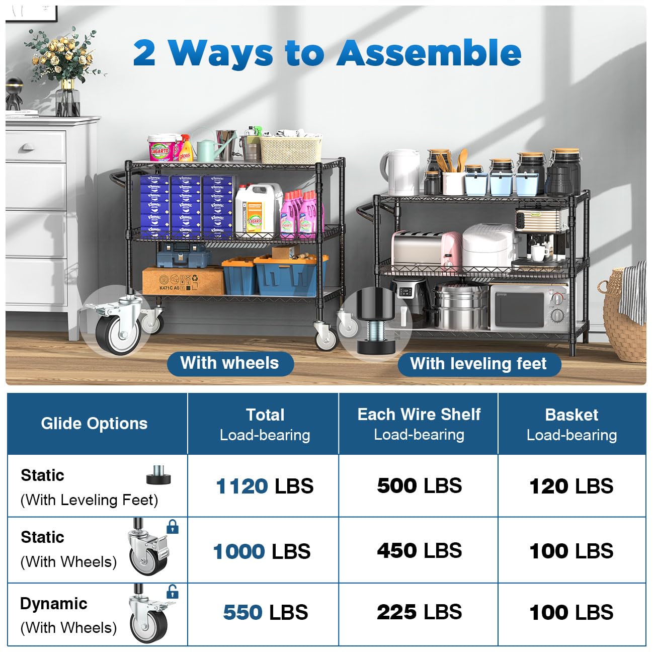 Leteuke Heavy Duty Rolling Utility Cart, 45 Inch Kitchen Carts with Wheels, NSF Commercial Grade with Handle & Shelf Liners, 1120LBS Storage Cart for Kitchen,Restaurant,Plant Display-Black