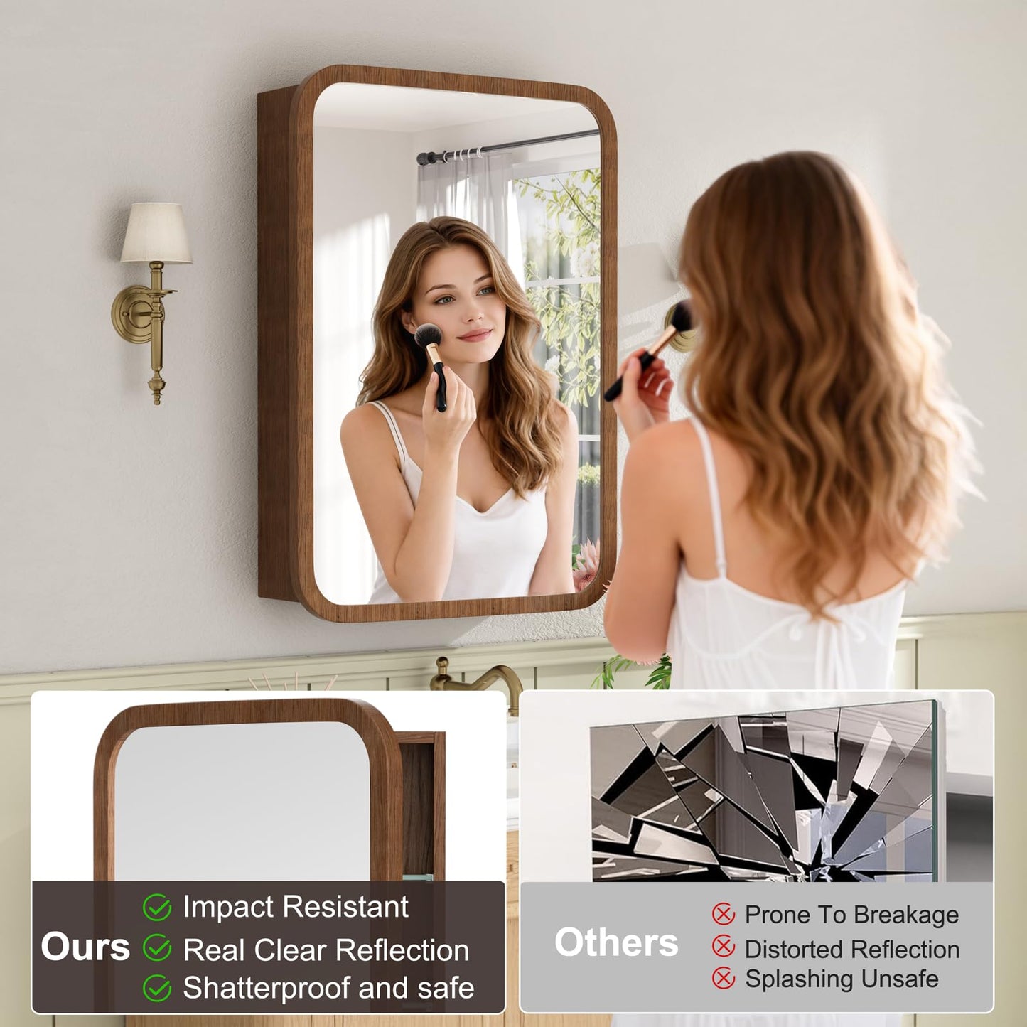 Keazile 20x28 Inch Wood Medicine Cabinet with Mirror, Surface or Recessed Mount Bathroom Mirror Cabinet, Adjustable Glass Shelves, Soft-Close Door, Rounded Corner, Fully Assembled, Walnut