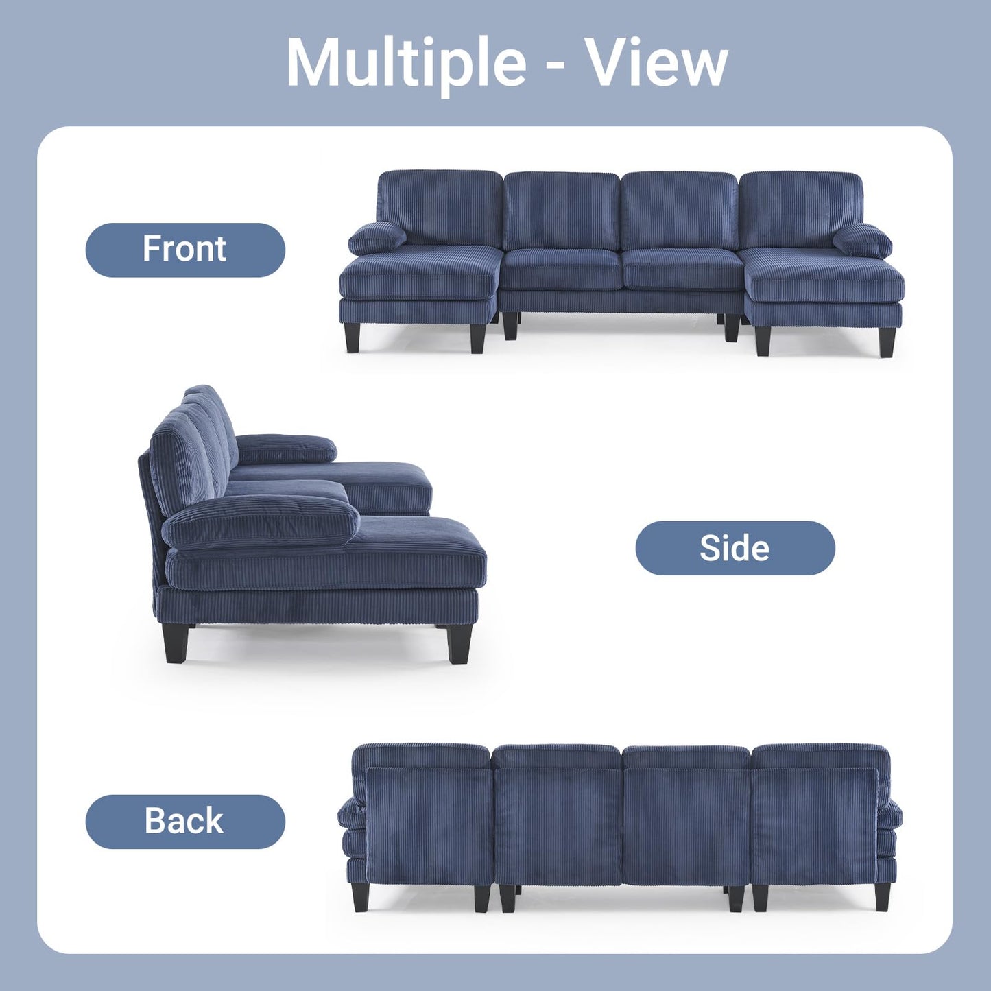 VINGLI 110" Sectional Couches for Living Room,U Shaped Couch with Double Chaise, 4-Seat Sofa Set with Corduroy Fabric for Home Furniture,Ocean Blue
