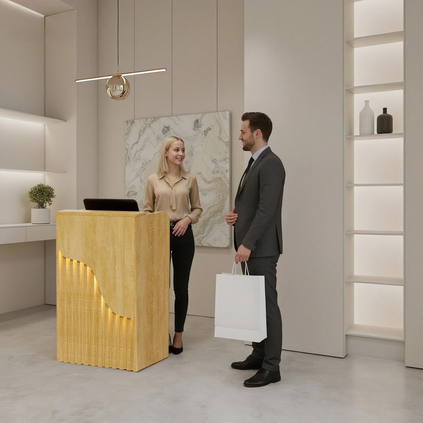 Small Reception Desk with Counter, Modern Front Desk with LED Light & Lockable Drawers, Checkout Counter, Retail Counter, Cash Register Stand for Salon, Lobby, Office, Retail, Natural, 23.6 Inch