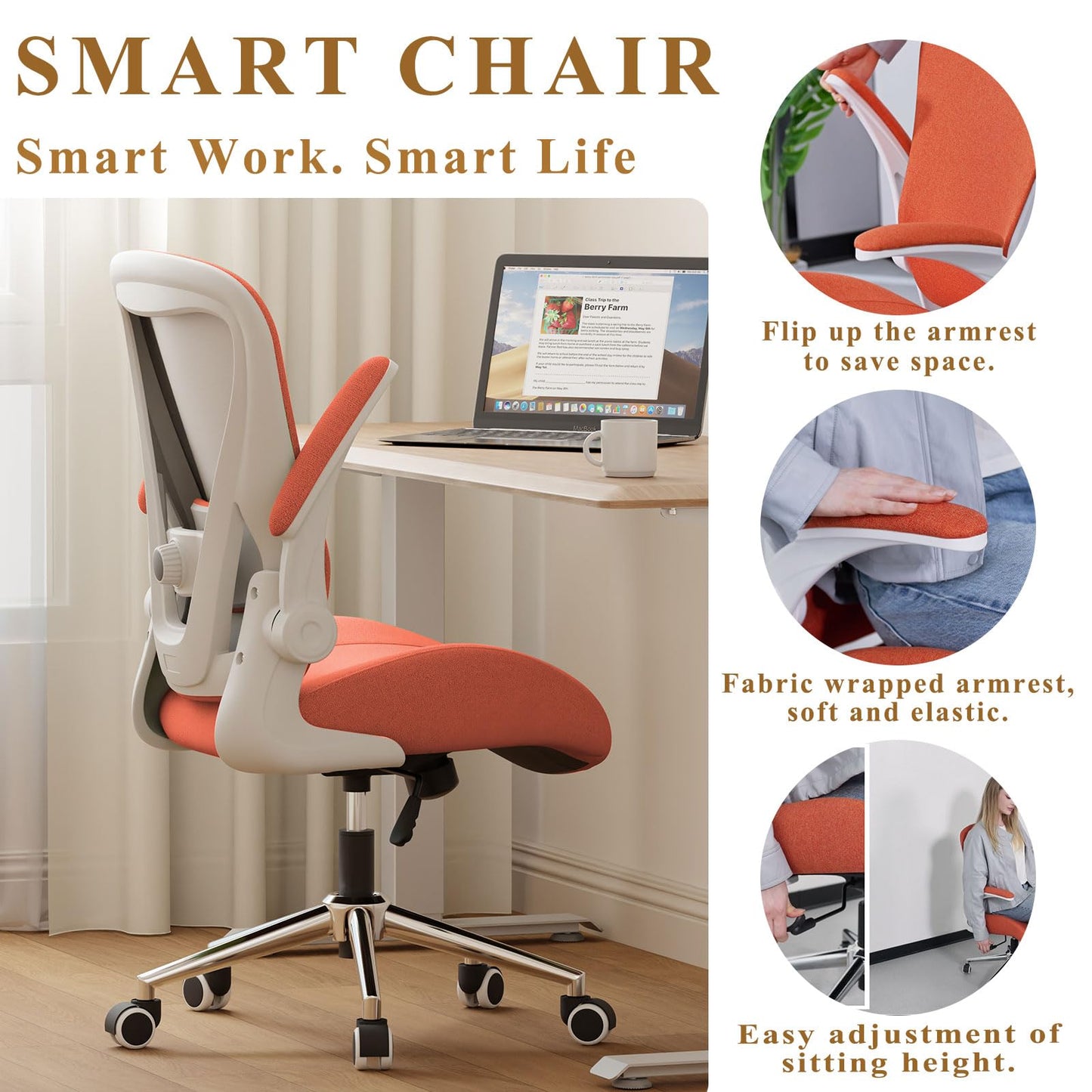 VOTRENIX Orange Ergonomic Office Desk Chair, Soft Fabric Thickened Curved seat Cushion with Adjustable Lumbar Support, Perfect Blend of Comfort and Good Looks, Ideal Chair for Home or Office, Orange