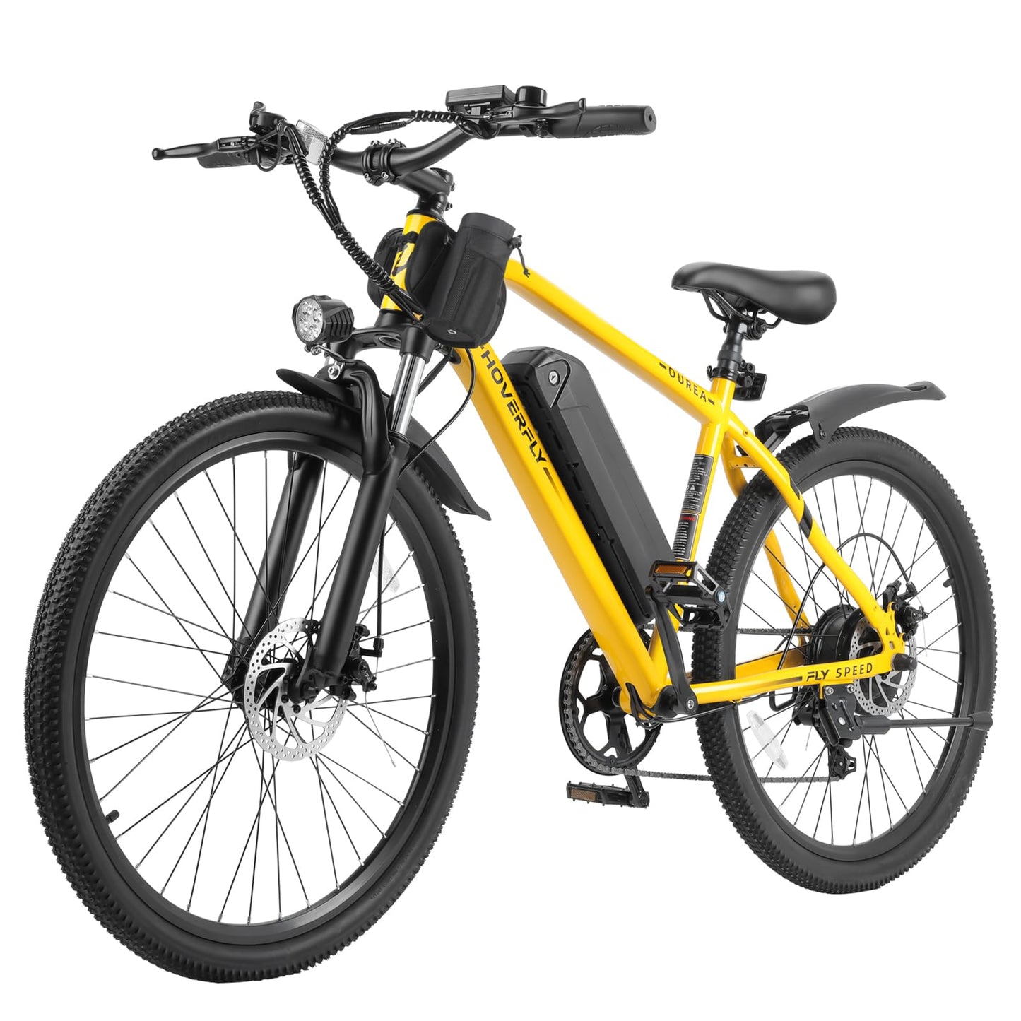 Hoverfly OUREA Electric Bike 26", 750W Peak Motor Mountain Ebike, Up to 40 Miles 20MPH Removable Battery, 7-Speed and Shock Absorber, Electric Commuter Bike for Adults Yellow