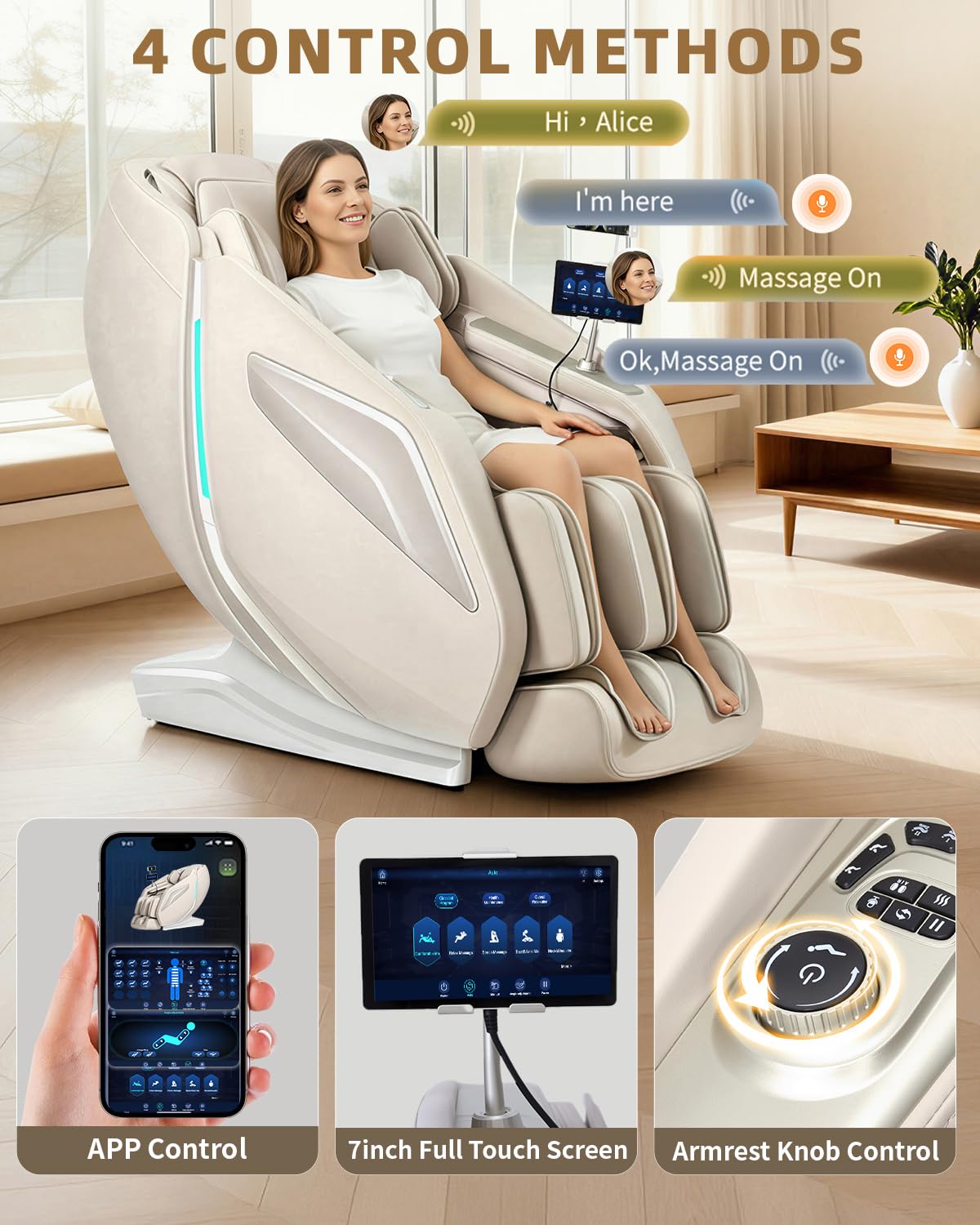 RelaxRelife Full Body Zero Gravity Massage Chair with Body Scan 4D Intelligent Shiatsu Strecth Massage, Back/Leg Heated with AI Voice Control Bluetooth Speaker Airbags SL Track Massage Beige
