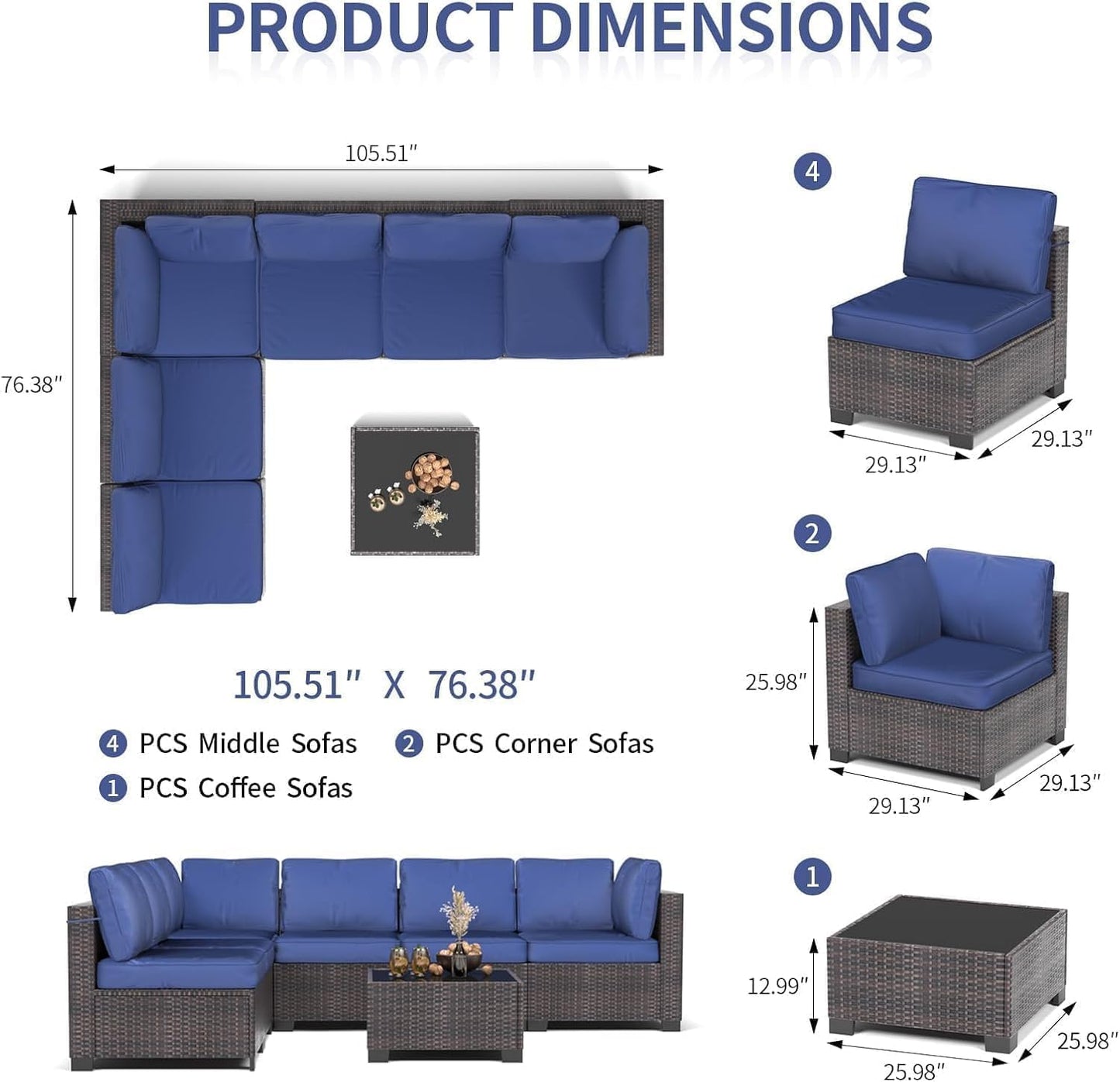 6 Piece Sectional Rattan Sofa with Glass Top Coffee Table, Patio Rattan Conversationr Sofa Set, All Weather Outdoor Patio Furniture Set and Chairs, Poolside, Garden, Porch
