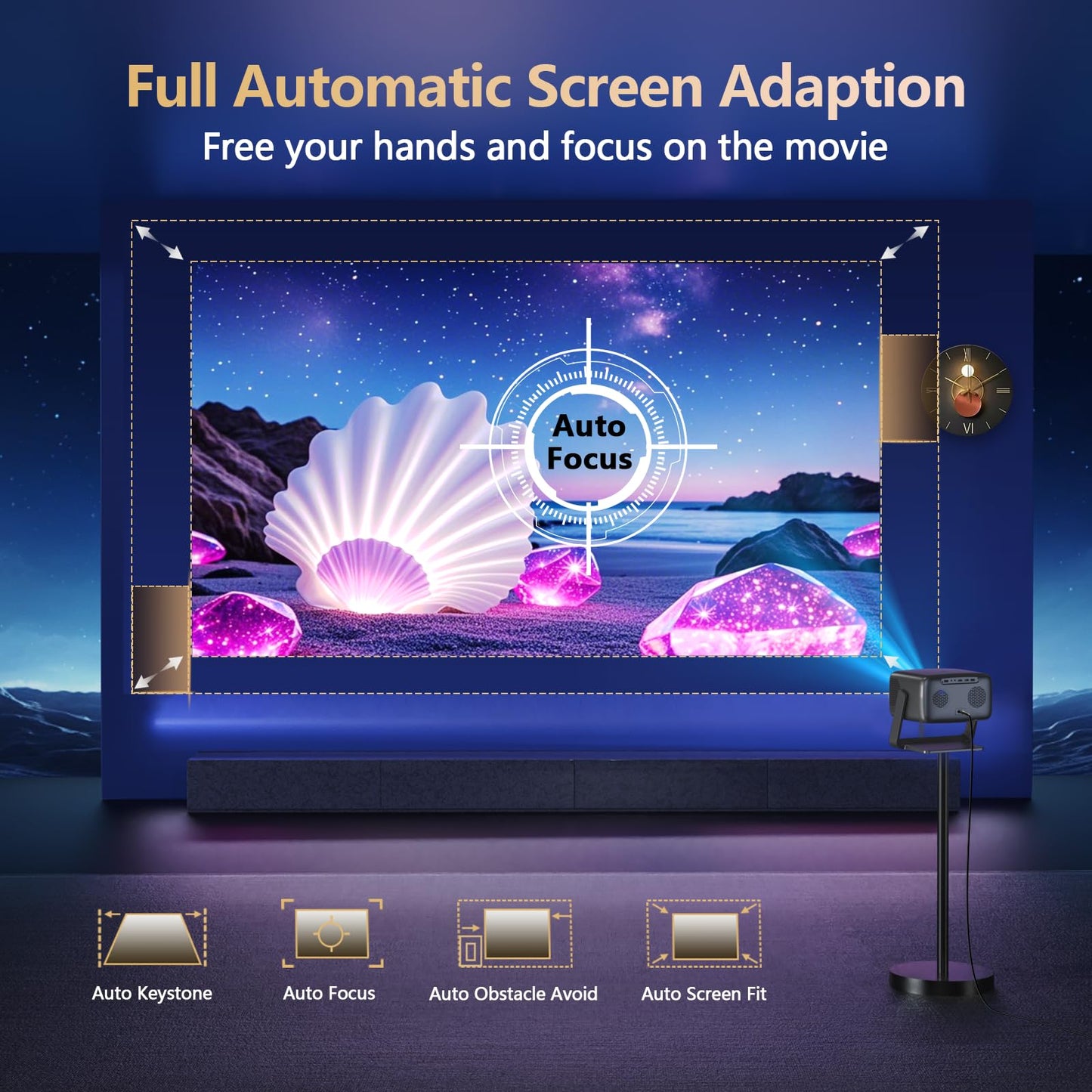 3200 ANSI/ Official Apps/360°Stand 4K Projector with WiFi and Bluetooth, Auto Focus, Auto Keystone Short Throw Projector Native 1080P Support 36W DoIby Audio Smart Projector