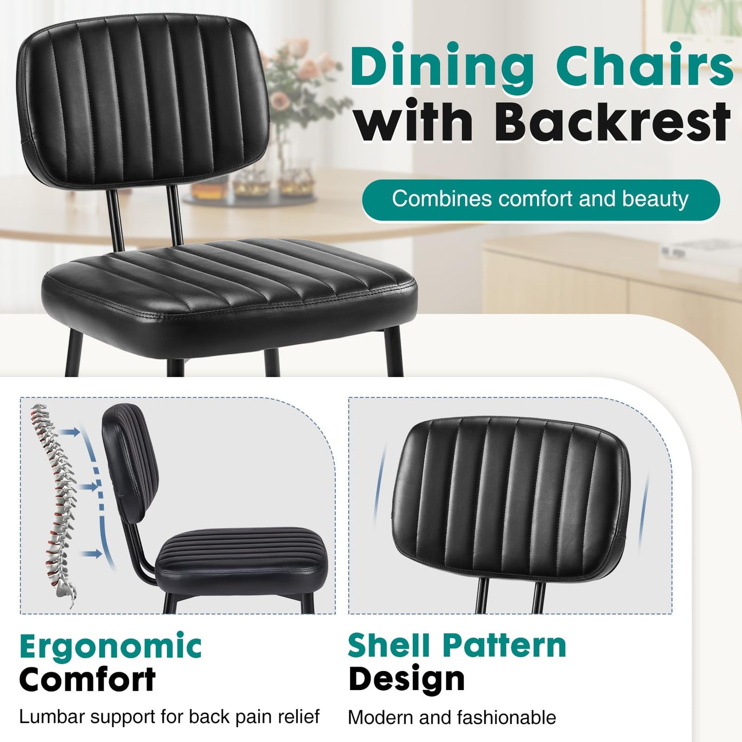 OLIXIS Dining Chairs Set of 6, Modern Upholstered Mid Century Kitchen Chairs with Faux Leather Cushion Seat, Backrest & Metal Legs for Living Room, Bedroom, Home Office, Black