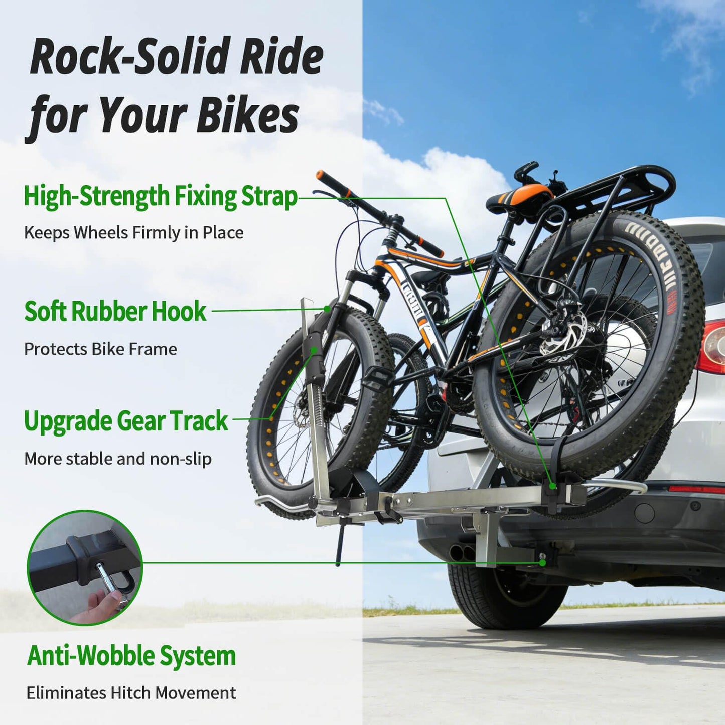 Stainless Steel Bike Rack Hitch Mount with Ramp for 2 Bikes – Platform Ebike Rack Fits Fat Tires up to 150 lbs – Foldable & Tilt Electric Bike Rack for SUV, Truck, RV – 2 Inch Receiver