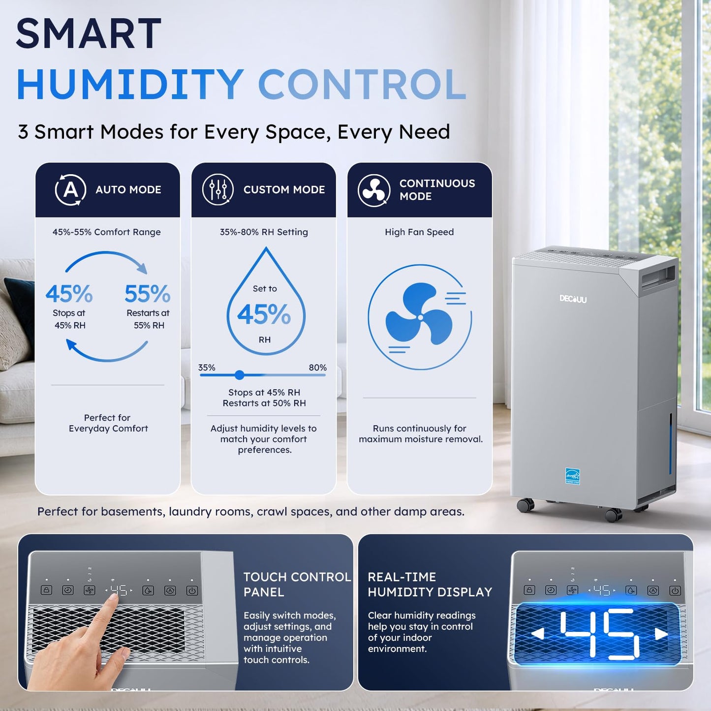 DECIUU 5000 Sq.Ft Dehumidifier with Pump, Up to 16.4 Ft Vertical Drainage, ENERGY STAR Most Efficient 2024, Max 100 Pint Moisture Removal, Smart Humidity Control for Basement, Home & Garage