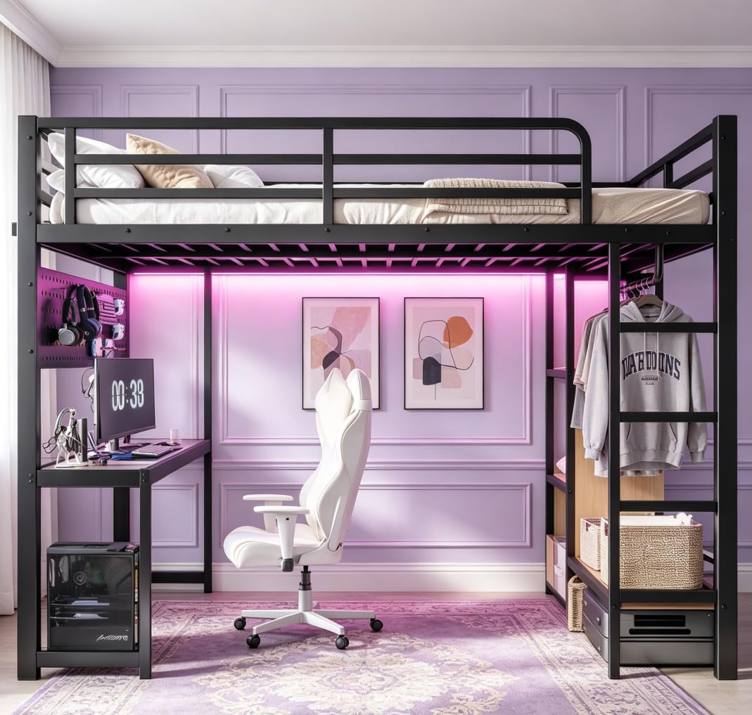 Bellemave Queen Size Loft Bed with Desk,with USB Ports, Lights, and Hanging Rod, Cave Board Design, Metal Queen Loft Bed Frame for Adults, Kids, Teens, Black