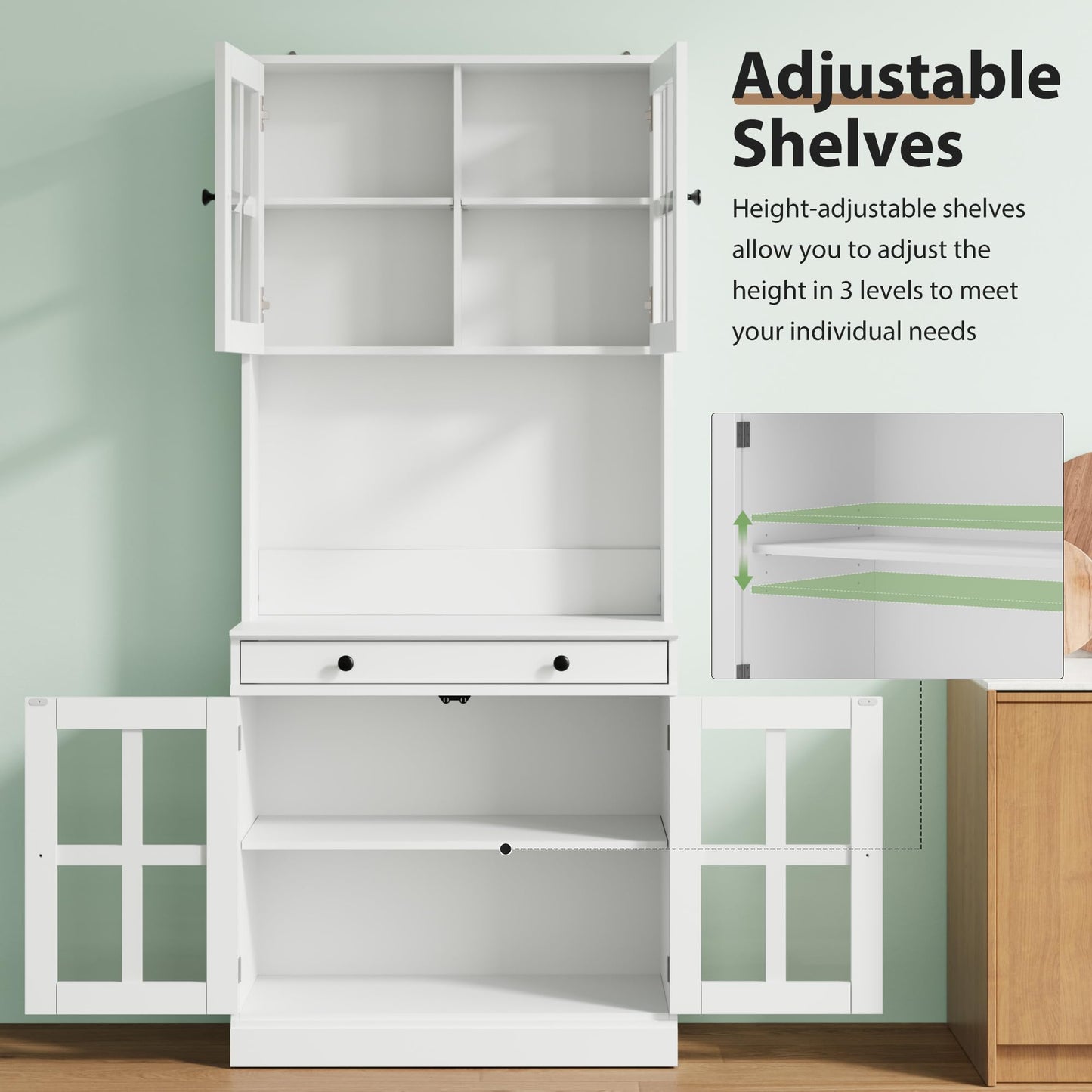 Garvee 72 Inch Kitchen Pantry Cabinet with Glass Doors, Drawer and Adjustable Shelves, Farmhouse Tall Storage Cabinet with Open Countertop, Coffee Bar Cabinet for Coffee Corner, White