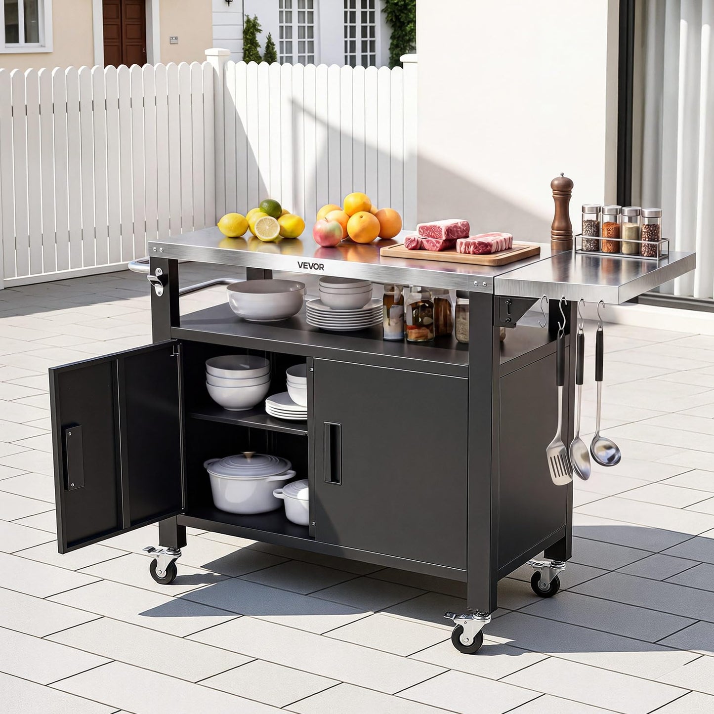 VEVOR Outdoor Grill Cart with Storage Cabinet, 55.1 Inch Grill Table, Waterproof Kitchen Island with Stainless Steel Top, Shelf, and Wheels, Movable Food Prep Station for Patio Bar Backyard BBQ