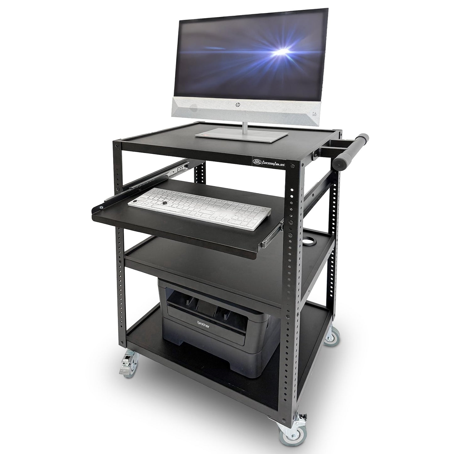 AxcessAbles Computer Cart on Wheels 400LB Capacity, Metal AV Equipment Utility Workstation, with Pullout Keyboard Tray, Locking Caster Wheels.