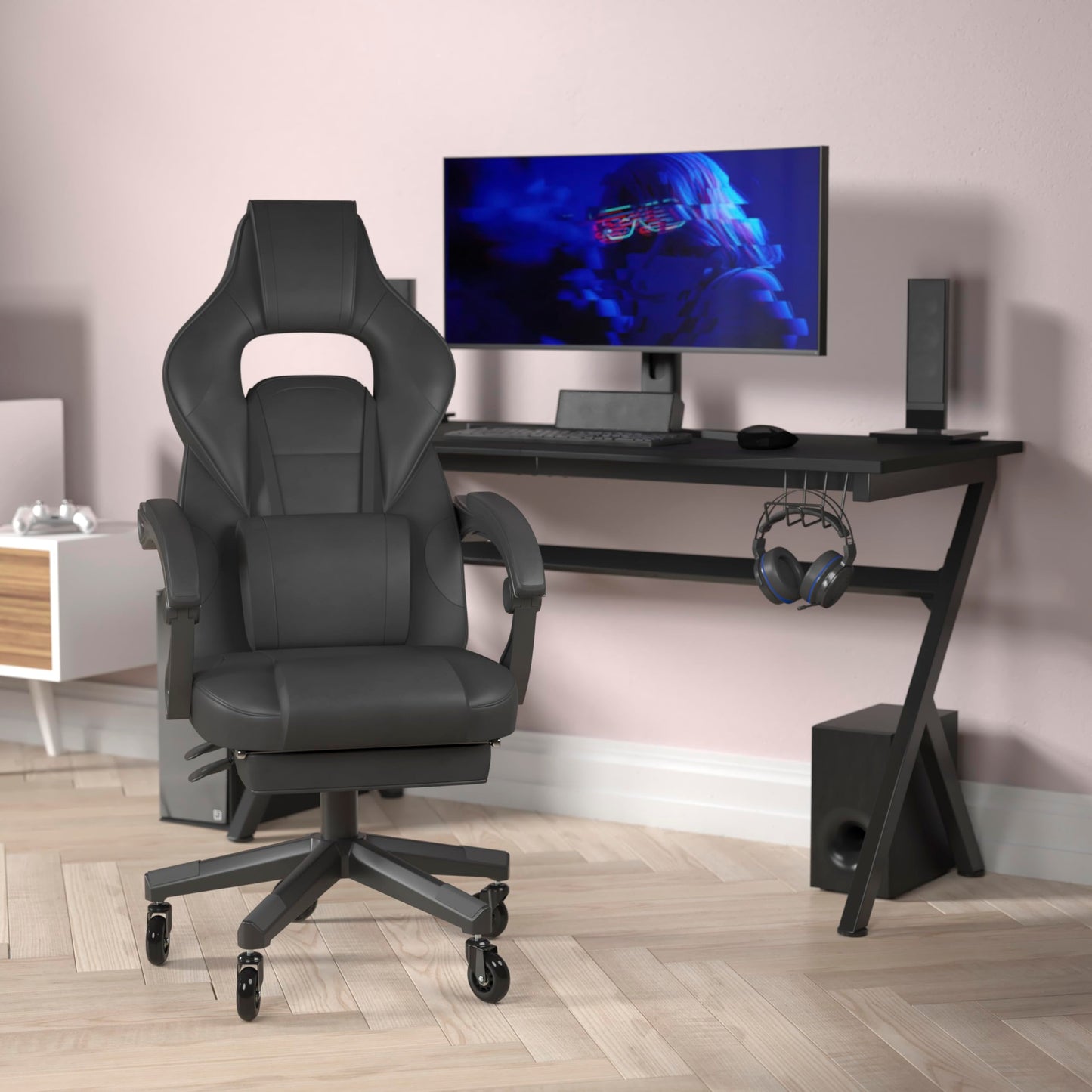 Flash Furniture X40 Gaming Chair Racing Computer Chair with Fully Reclining Back/Arms and Transparent Roller Wheels, Slide-Out Footrest, - Black