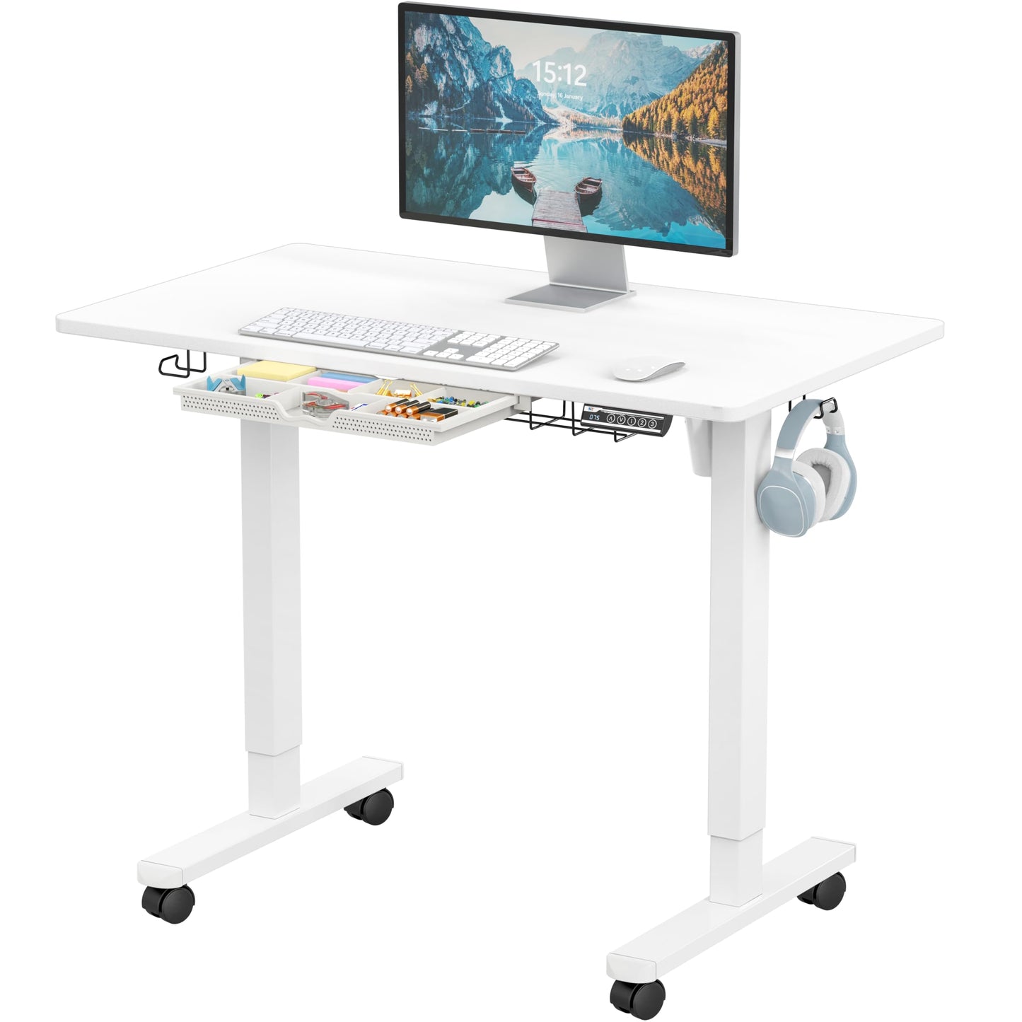 SHW 40-Inch Mobile Electric Height Adjustable Sit to Stand Desk with Drawer, Hanging Hooks and Cable Management, White