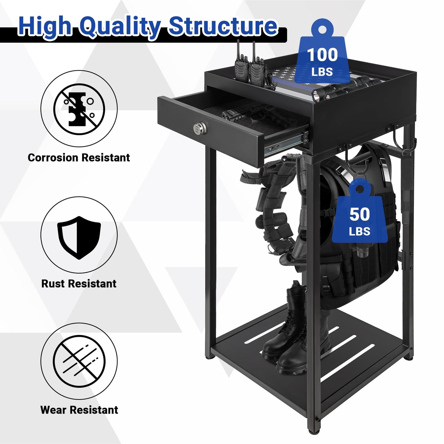 Neoaider Police Gear Stand with Gun Storage 42" x 18" x 18”, Police Hanger with 5 Hooks, Tactical Duty Gear Rack Decor with Thin Blue Line Flag, Black Body Armor Stand for Police Gift
