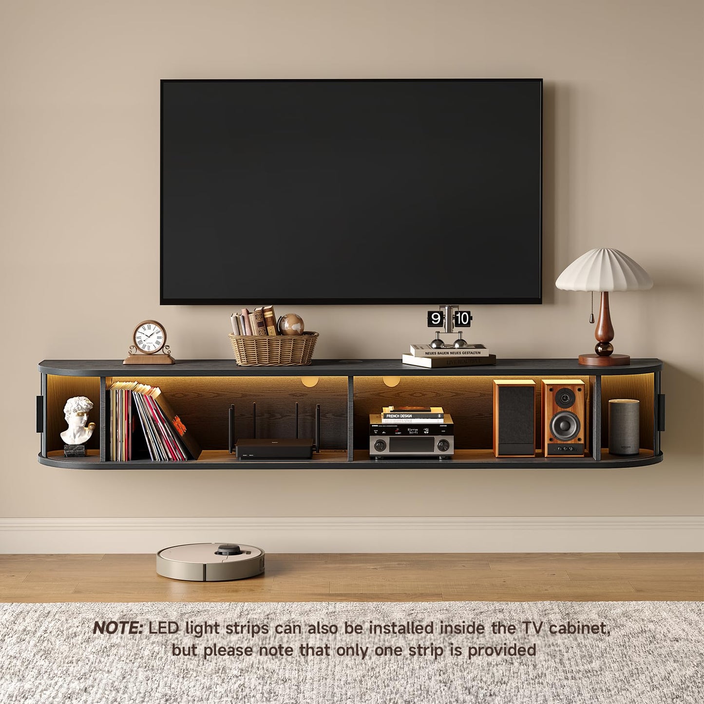 63" Floating TV Stand with Power Outlet for TVs up to 75", Fluted Entertainment Center with Remote Control for LED Lights, Mid-Century Modern TV Console w/Sliding Door for Living Room, Bedroom Black