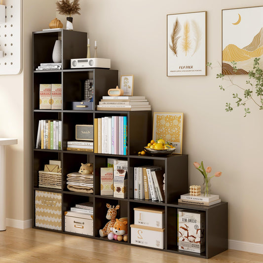 OSCHF Ladder Cube Storage Bookcase - Wooden L-Shaped 5-Tier Corner Shelf, Reversible 15-Cube Organizer for Home & Office, Black