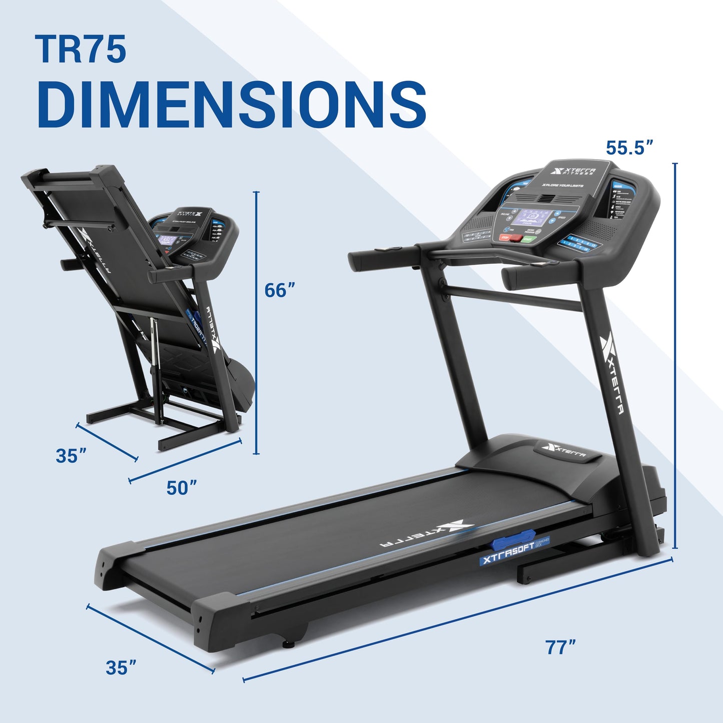 Xterra Fitness TR75 Sport Series Premium Folding Smart Treadmill, Handlebar Speed and Incline Controls, Large XTRASoft Cushioned Running Deck, Built-in FTMS-Enabled Bluetooth with XF Connect Fitness