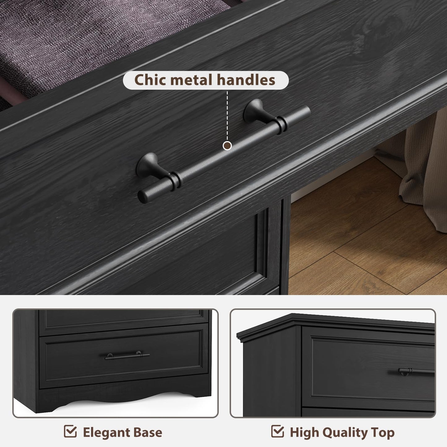 YANSNWO Black Farmhouse Dresser for Bedroom, Modern 6 Chest of Drawers, 44" Tall Chest of Drawers w/Brushed Metal Handle, Wood Closet Organizers and Storage Cabinet for Bedroom, Living Room, Hallway