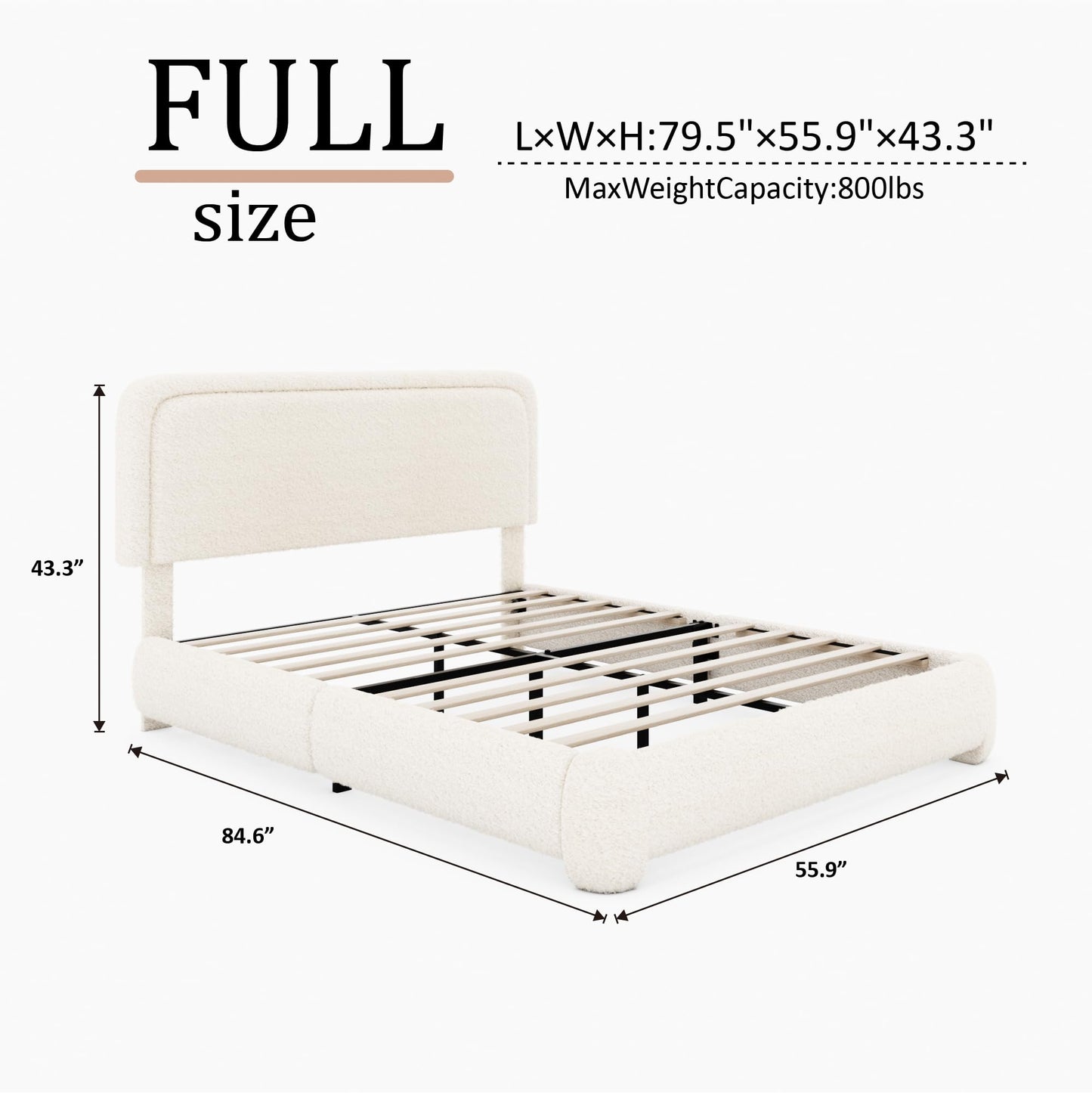 Sismplly Full Size Cloud Bed Frame with Adjustable Padded Headboard (43.3"-45.3"), Boucle Fabric, Upholstered Platform Bed, Modern Soft Bed Base, No Box Spring Needed, Easy Assembly, Beige