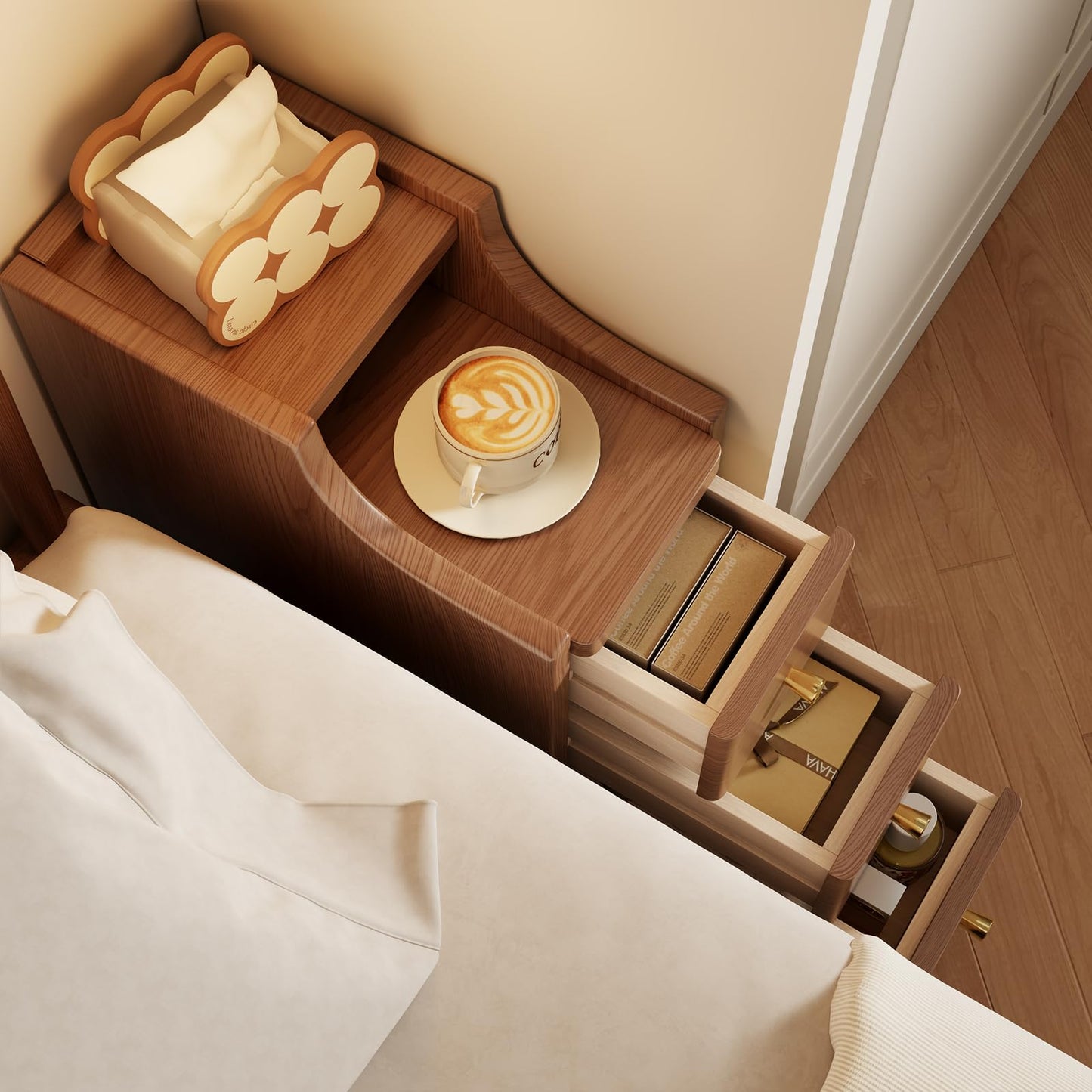 Solid Wood Narrow Nightstand with Drawers,Walnut Nightstand Wood Bedside Table Modern for Bedroom,Study,Toilet