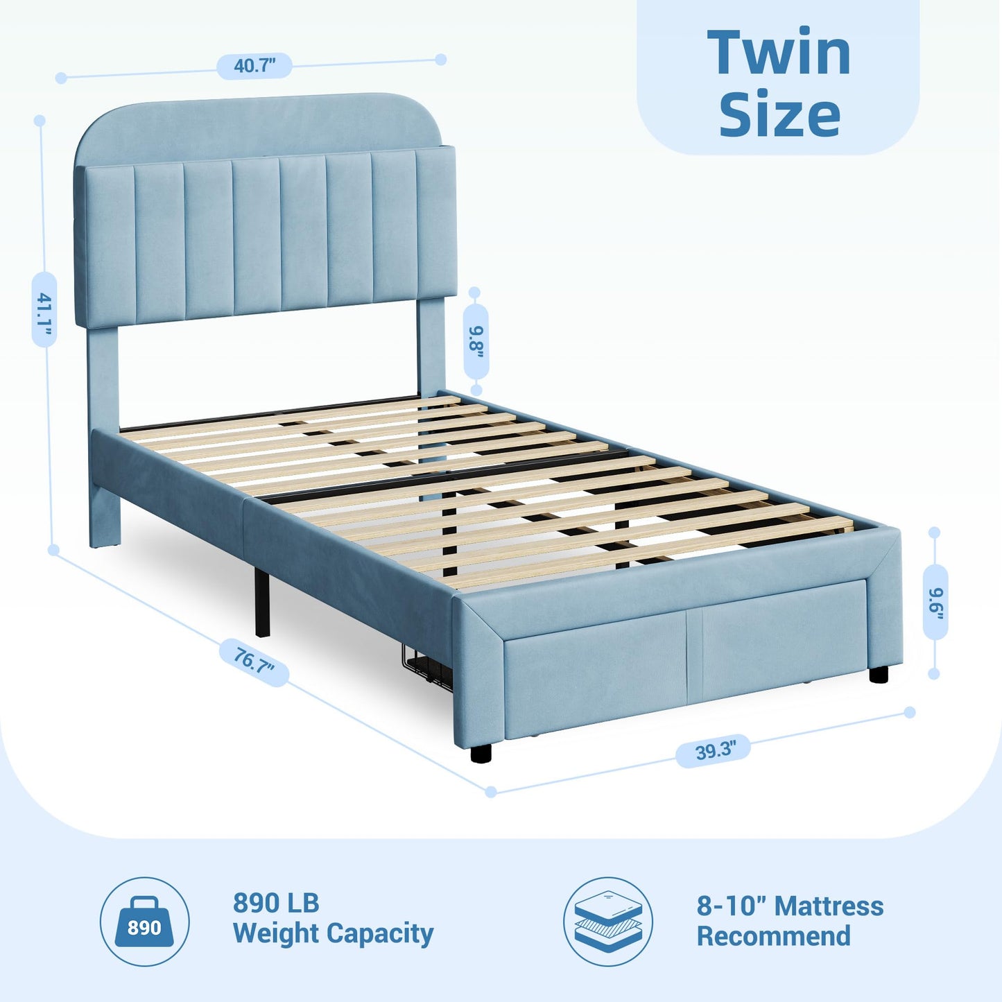 IDEALHOUSE Twin Bed Frame for Kids, Upholstered Platform Bed with Large Storage Drawer and Bookcase Headboard, Boys Bed, Noise-Free, Easy Assembly, No Box Spring Needed, Blue