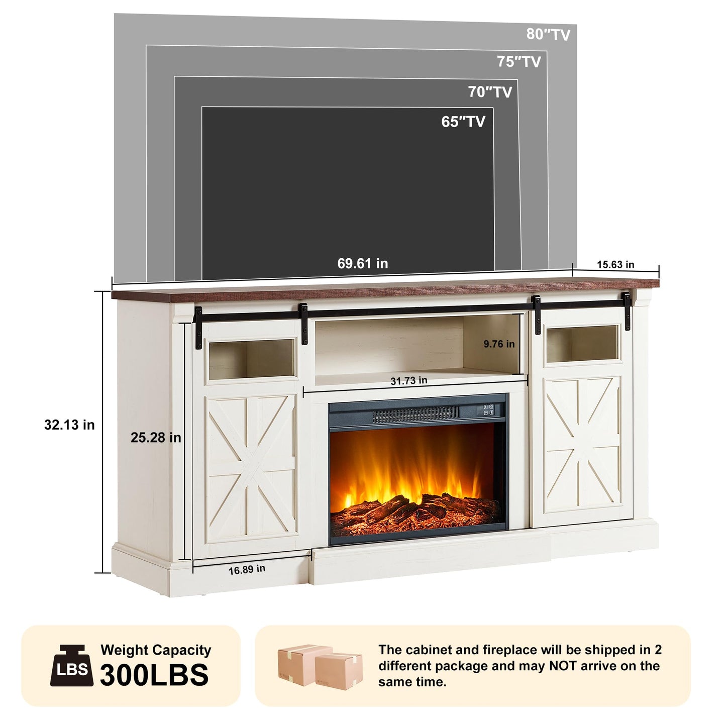 Unineo Fireplace TV Stand for up to 80 Inch TVs, 32’’ Tall LED Entertainment Center with Electric Fireplace, Farmhouse TV Console Table w/Sliding Barn Door & Window for Living Room, Antique White