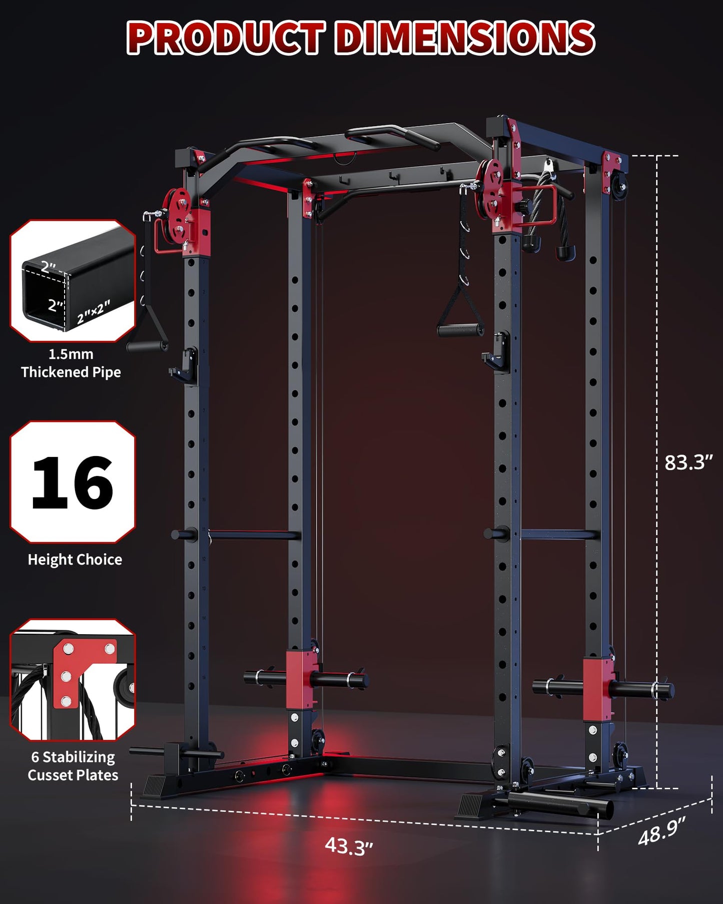 GarveeLife Power Cage with Dual Pulley System, 1600LB Multi-Function Squat Rack with Cable Crossover & LAT Pull Down, All-in-One Home Gym Strength Training Cage for Full Body Workout, Red Black