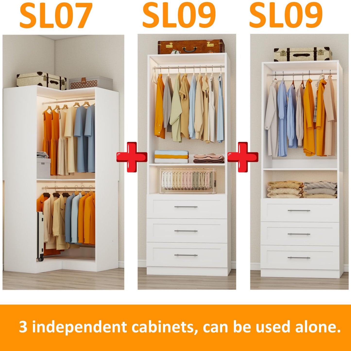 Secilix Closet System with 3 Wooden Drawers, 4.5-6FT Corner Closet Organizer System for Walk in Closet, Heavy Duty Modular Closet Systems, Built-in Shelving System with 5 Hanging Rods, 2-Piece Set