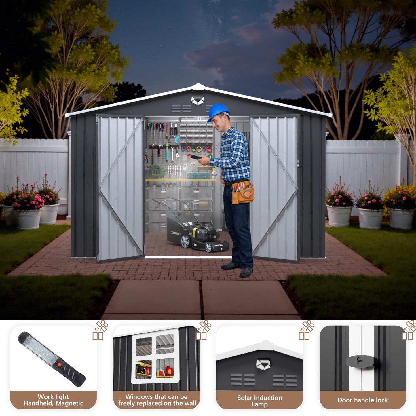 Benass 10X8 FT Outdoor Storage Shed, Metal Garden Shed - Tool Storage Sheds with Lockable Doors & 1 Clear Window, Waterproof Outside Storage Building for Backyard, Patio (Black; Floor Not Included)