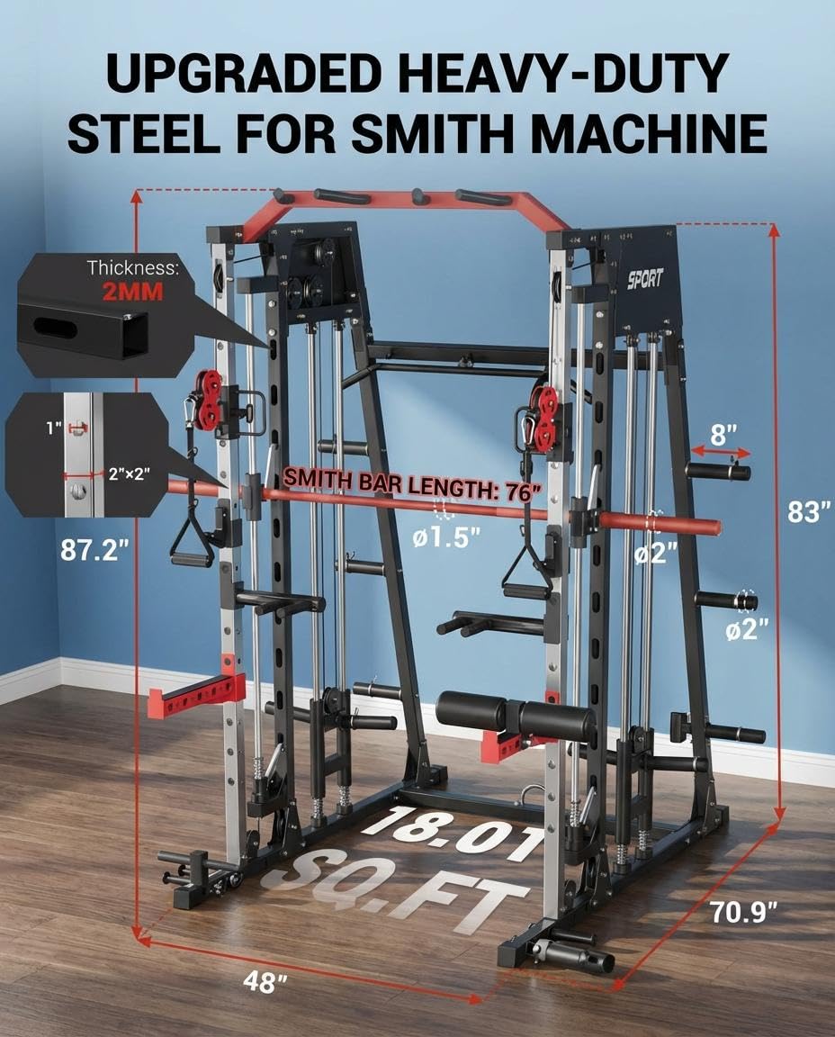 Smith Machine Home Gym, 2200LB Power Cage with Dual Pulley Cable Systems, LAT Pull-Down, Leg Hold-Down & 20+ Attachments for Full Body Workouts, Black