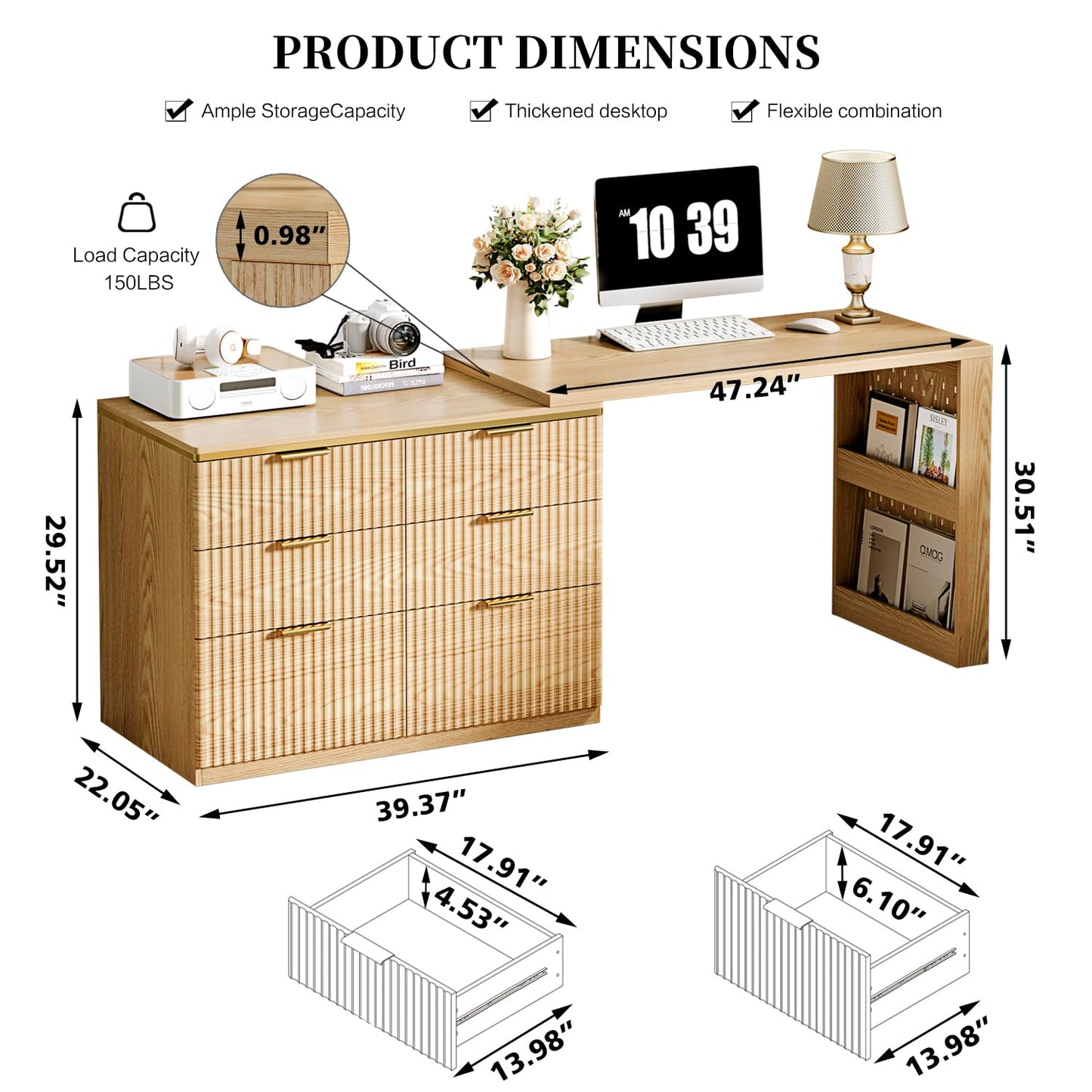 Ieejdn L Shaped Expandable Desk,47" Home Office Desks, Executive, Farmhouse Computer Desk with 6 Drawers File Drawer, Rustic Computer Writing, Oak