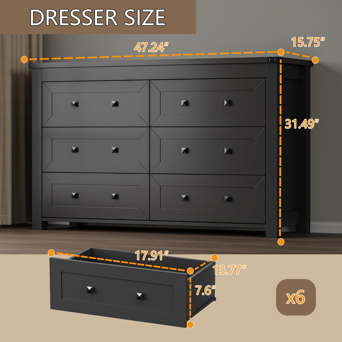 BORNOON 6-Drawer Dresser, Modern Wooden Storage Chest of Drawers, Dresser TV Stand, Wood Drawer Organizer with Metal Handles for Bedroom, Living Room, Hallway