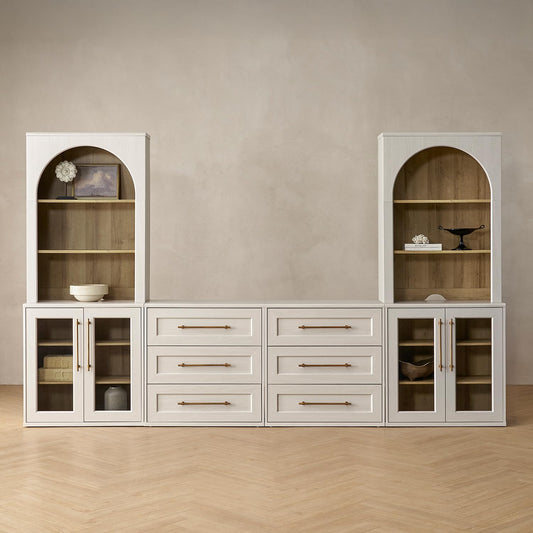 mopio Blake 4 Piece Entertainment Center with Storage, Modern Farmhouse Modular Storage Cabinet Dresser TV Stand for up to 65" TVs, Side Display Case (White Oak, 4 Units + Hutch)