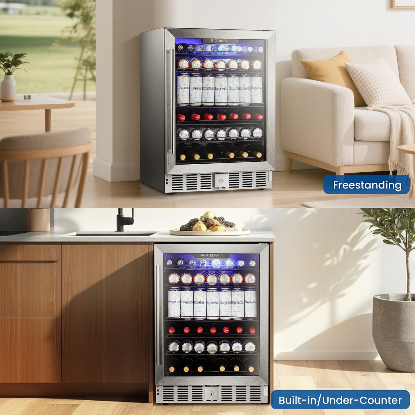 Antarctic Star 166 Can Beverage Refrigerator Cooler, 5.1 Cu.Ft Mini Fridge with Safety Lock, Beverage Cooler with Glass Door/LED Light/Adjustable Removable Shelves for Home/Office/Bar(Stainless Steel)