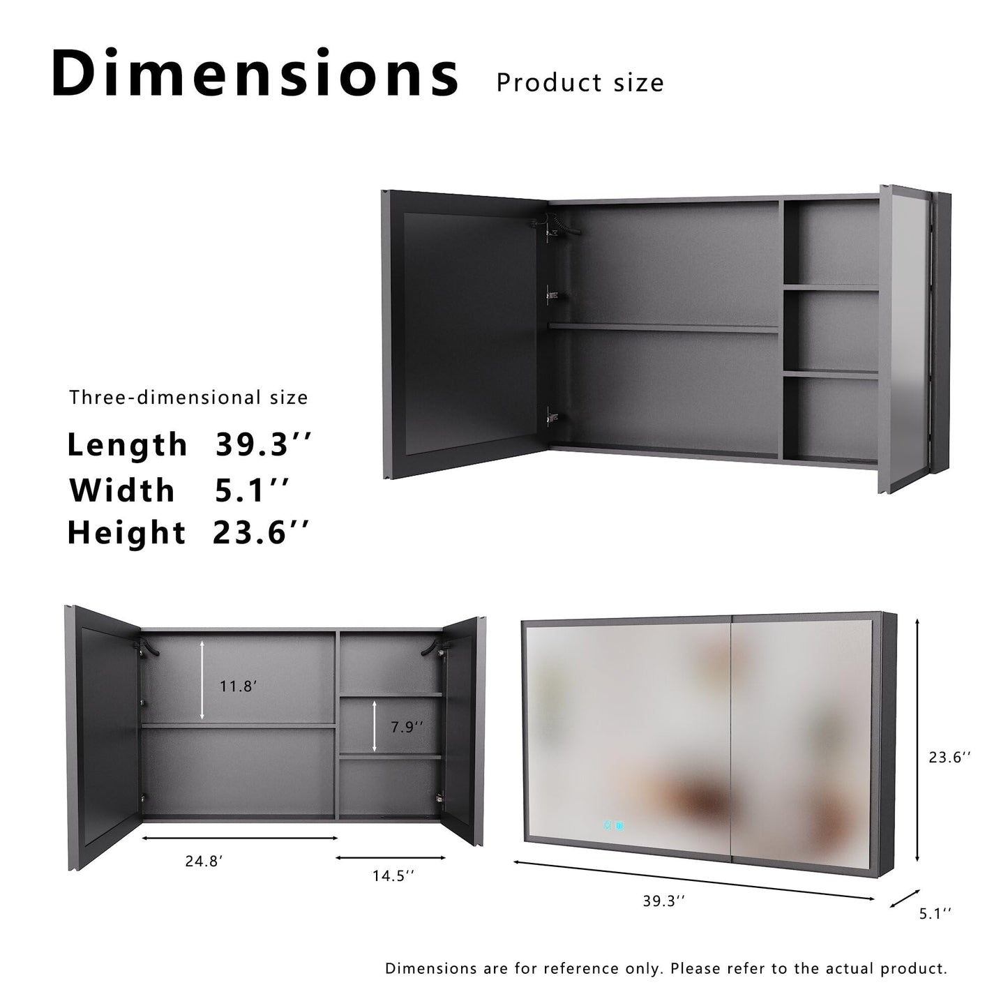 Lighted Medicine Cabinet with Mirror,Wall Mounted Bathroom Mirror with Storage,Anti-Fog,Two-Doors Bathroom Wall Cabinet with LED Lights, Dimmable,Easy to Install,39.37 x 23.62 Inch.