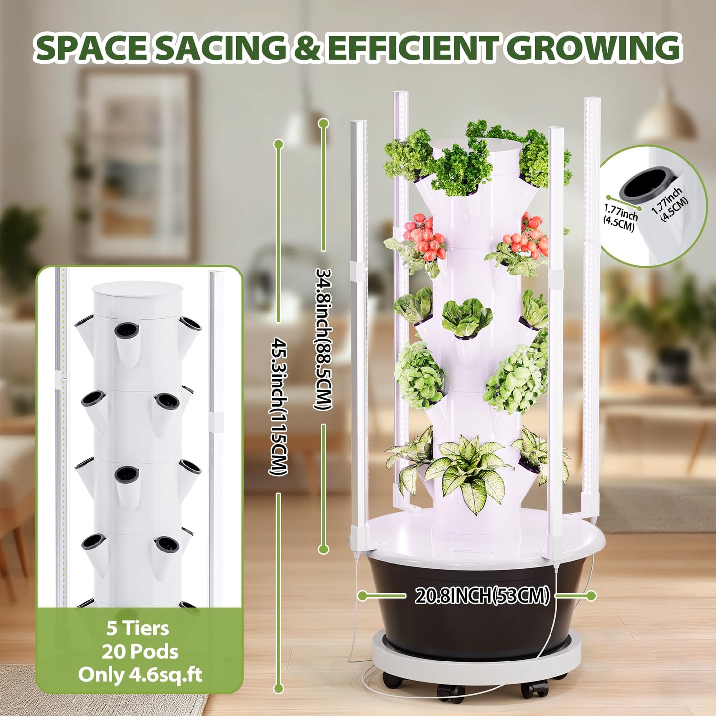SPECILITE Hydroponics Growing System Kit with Full-Spectrum Grow Light, Movable Hydroponic Tower with 5 Tiers 20 Pods, Vertical Indoor Gardening System with Pump & Timer for Vegetables, Fruits, Herb