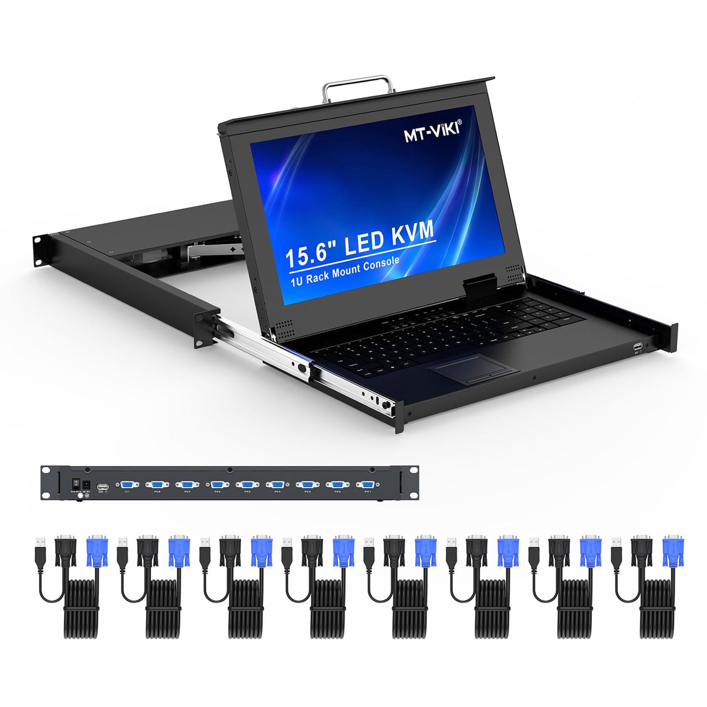 MT-VIKI Rack Mount KVM w/15.6" LCD Monitor, 8 Port VGA KVM Switch, 1080@60Hz 1U Integrated Monitor Keyboard, Fits 18.9" to 31.5" Deep Racks (480-800mm), Included 8 Cables for Server Room, Data Center