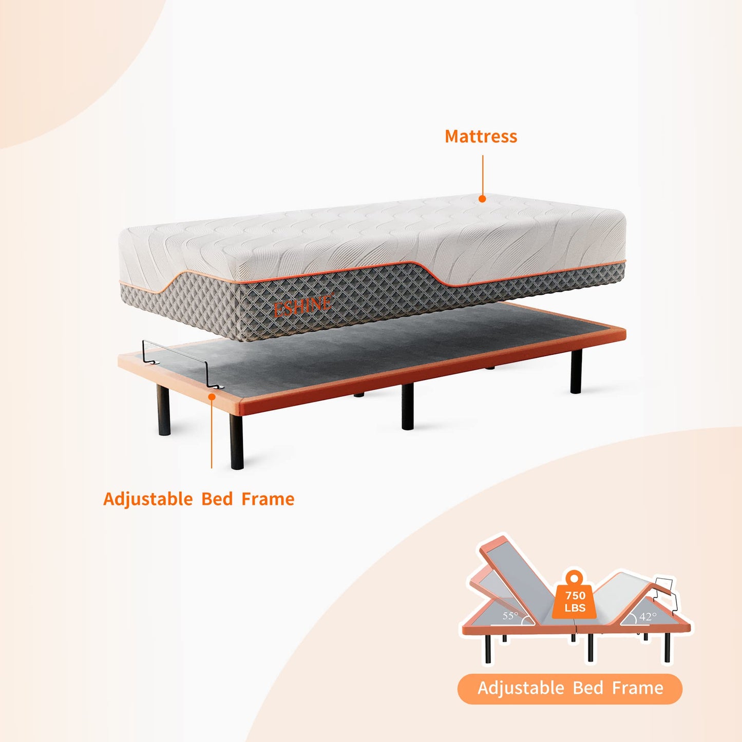 ESHINE Adjustable Bed Frame + 12" Hybrid Mattress Twin XL(Medium) - Luxury Gel Memory Foam, Massage, Wireless Remote, USB, Under Bed Night Light, Head and Foot Incline, 3000 Series